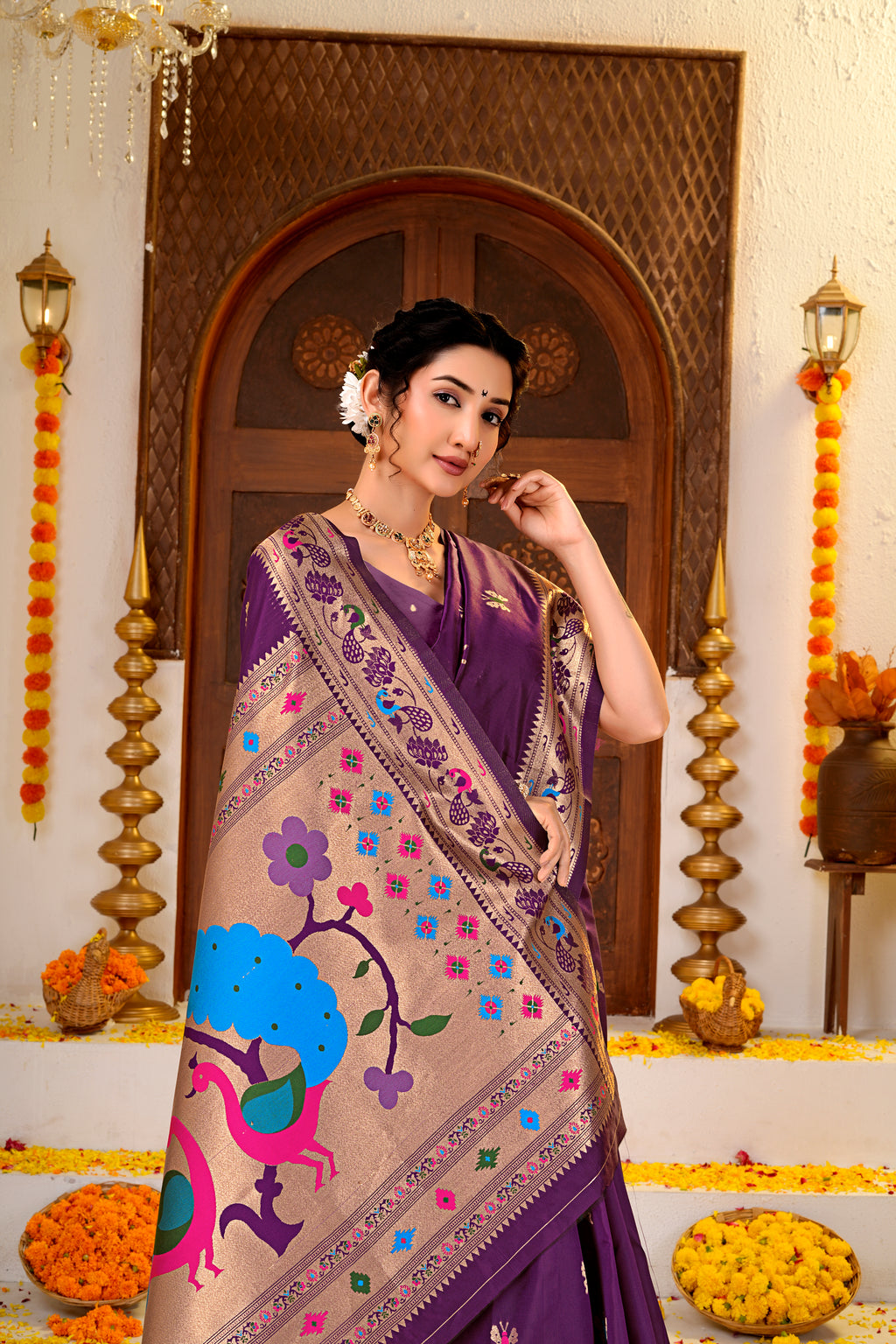 Dark Purple Silk Woven Paithani Saree With Weaving Zari Work