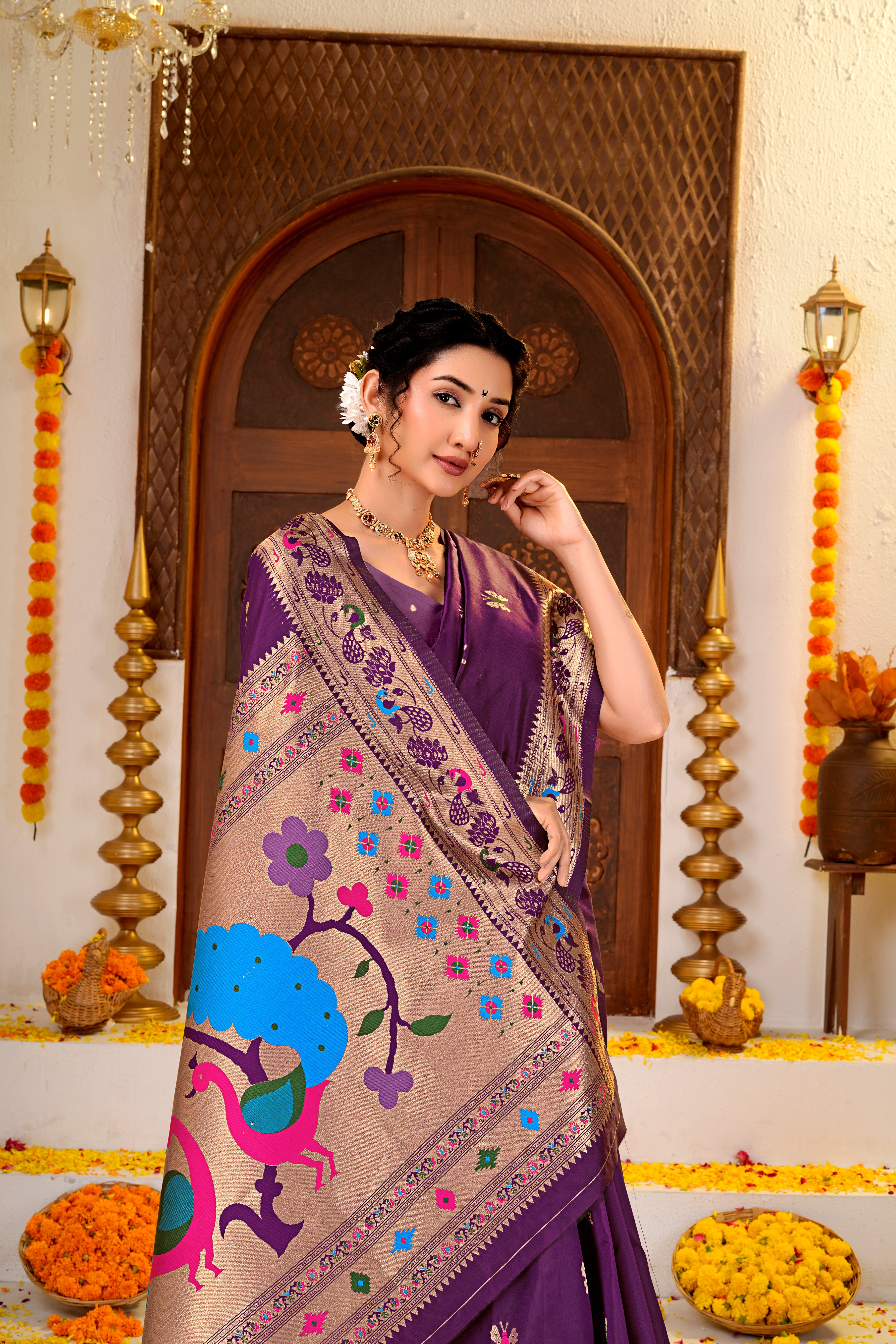 Dark Purple Silk Woven Paithani Saree With Weaving Zari Work