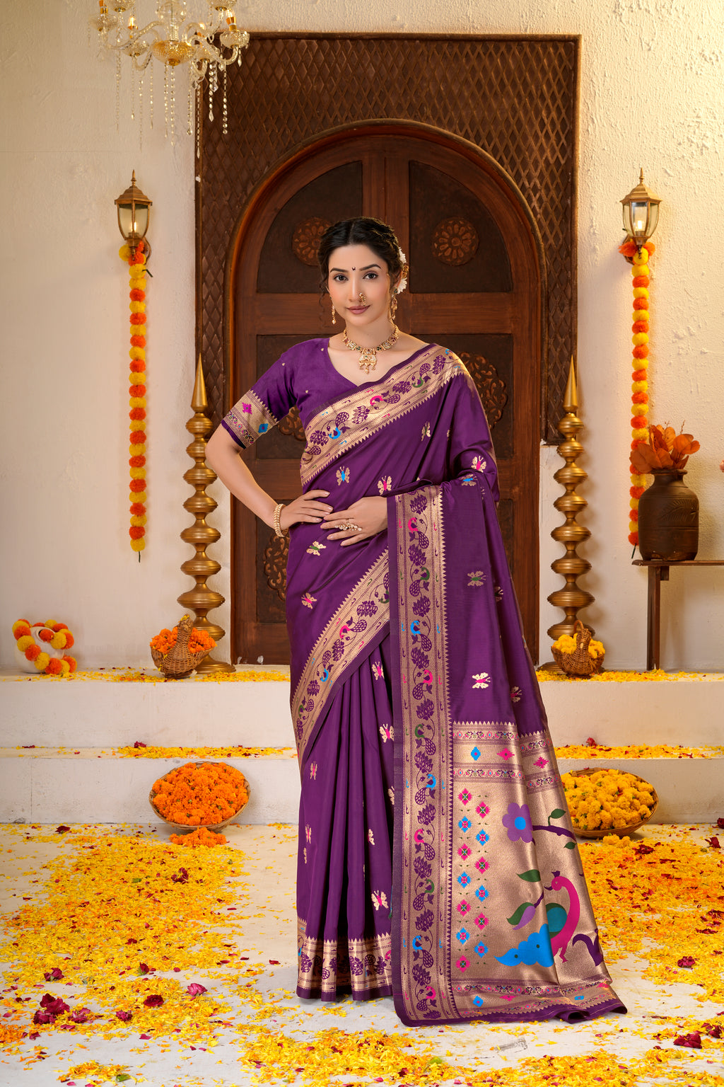 Dark Purple Silk Woven Paithani Saree With Weaving Zari Work