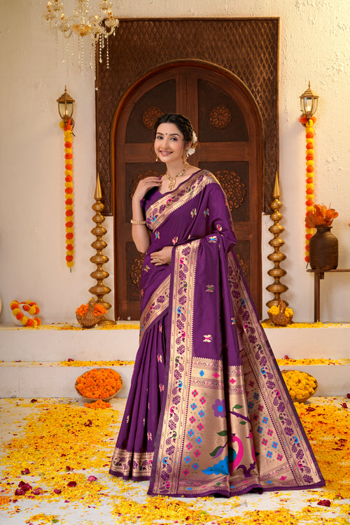 Dark Purple Silk Woven Paithani Saree With Weaving Zari Work