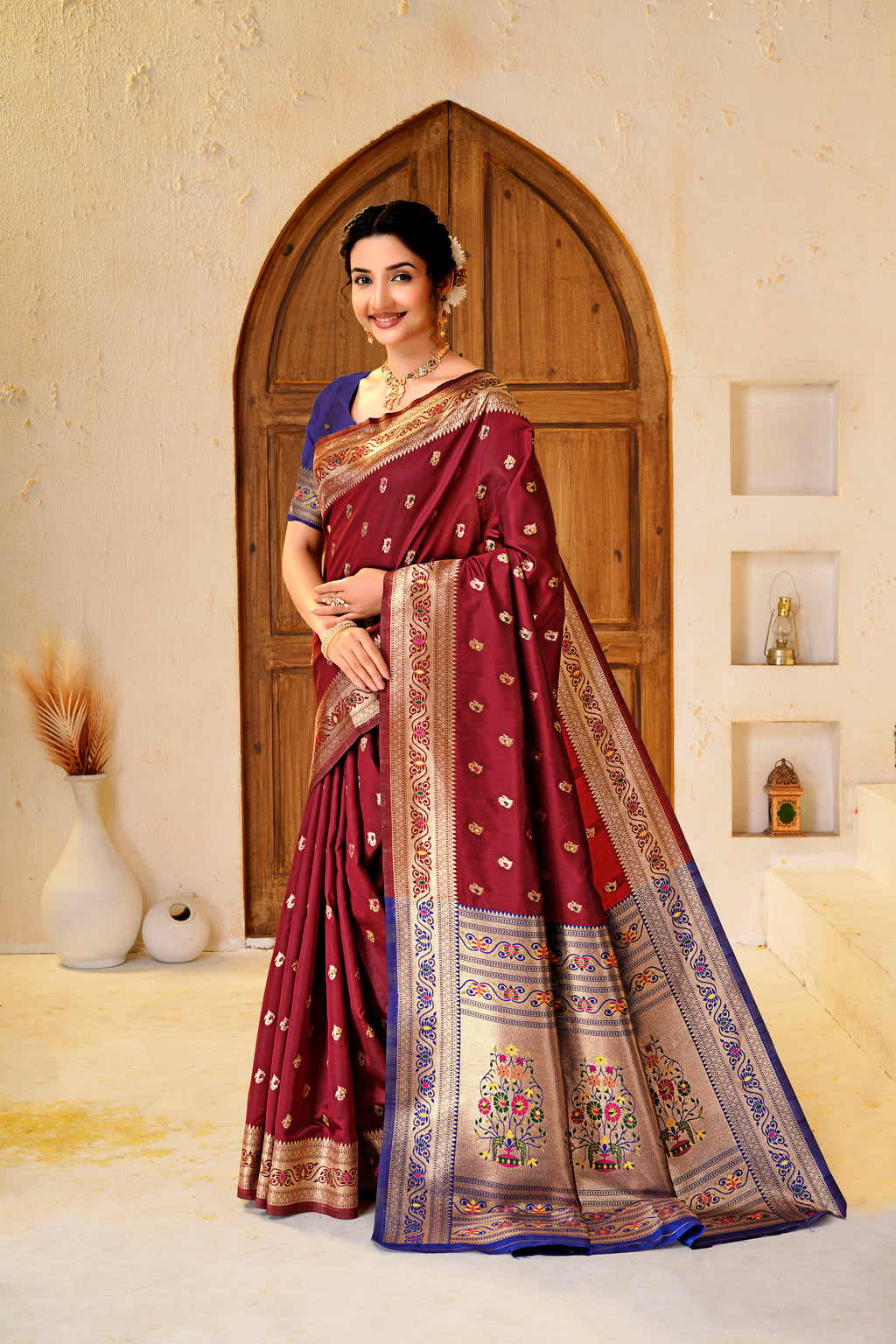 Maroon Silk Woven Paithani Saree With Weaving Zari Work