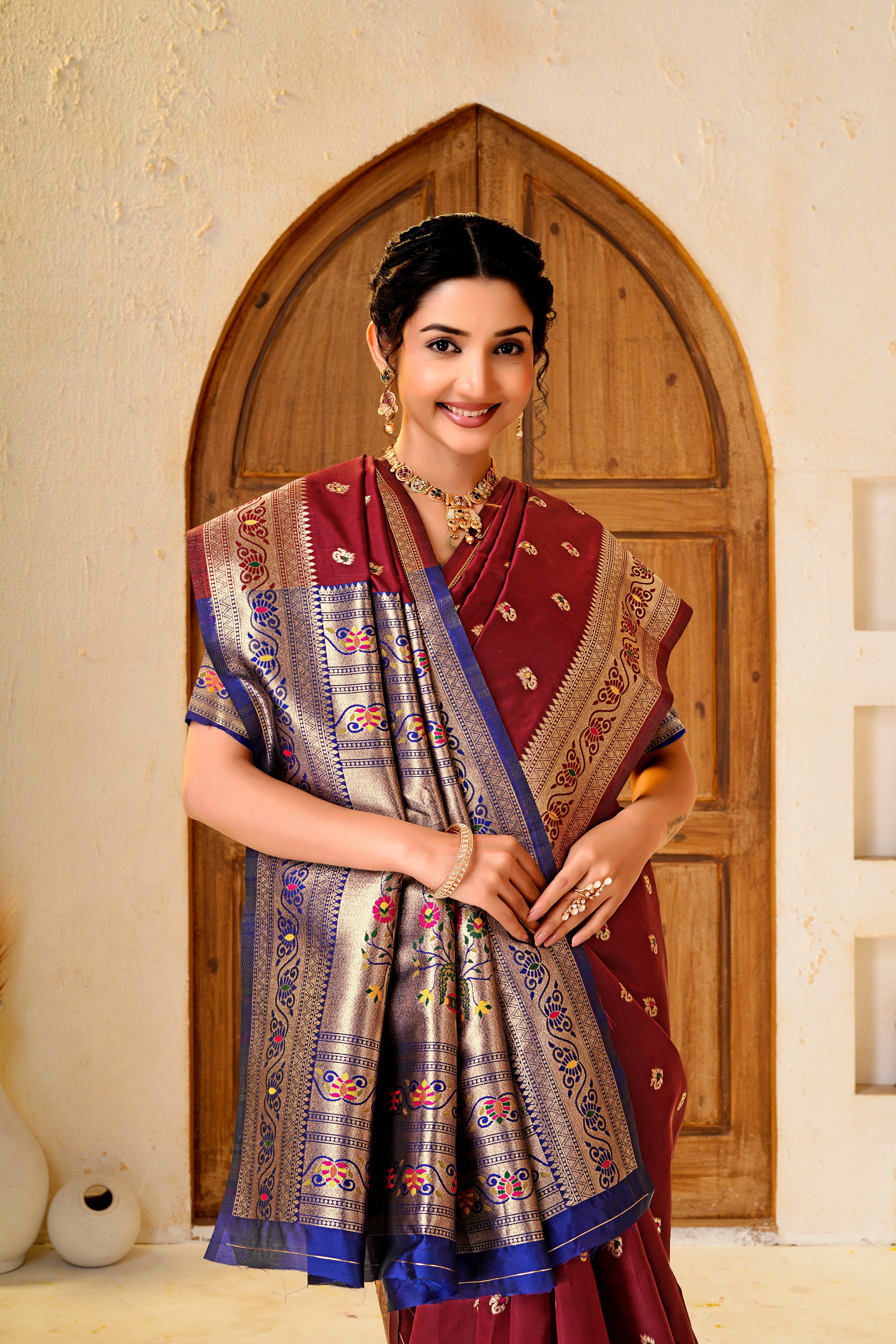 Maroon Silk Woven Paithani Saree With Weaving Zari Work