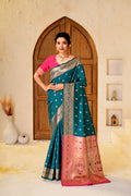 Rama Blue Silk Woven Paithani Saree With Weaving Zari Work