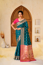 Rama Blue Silk Woven Paithani Saree With Weaving Zari Work