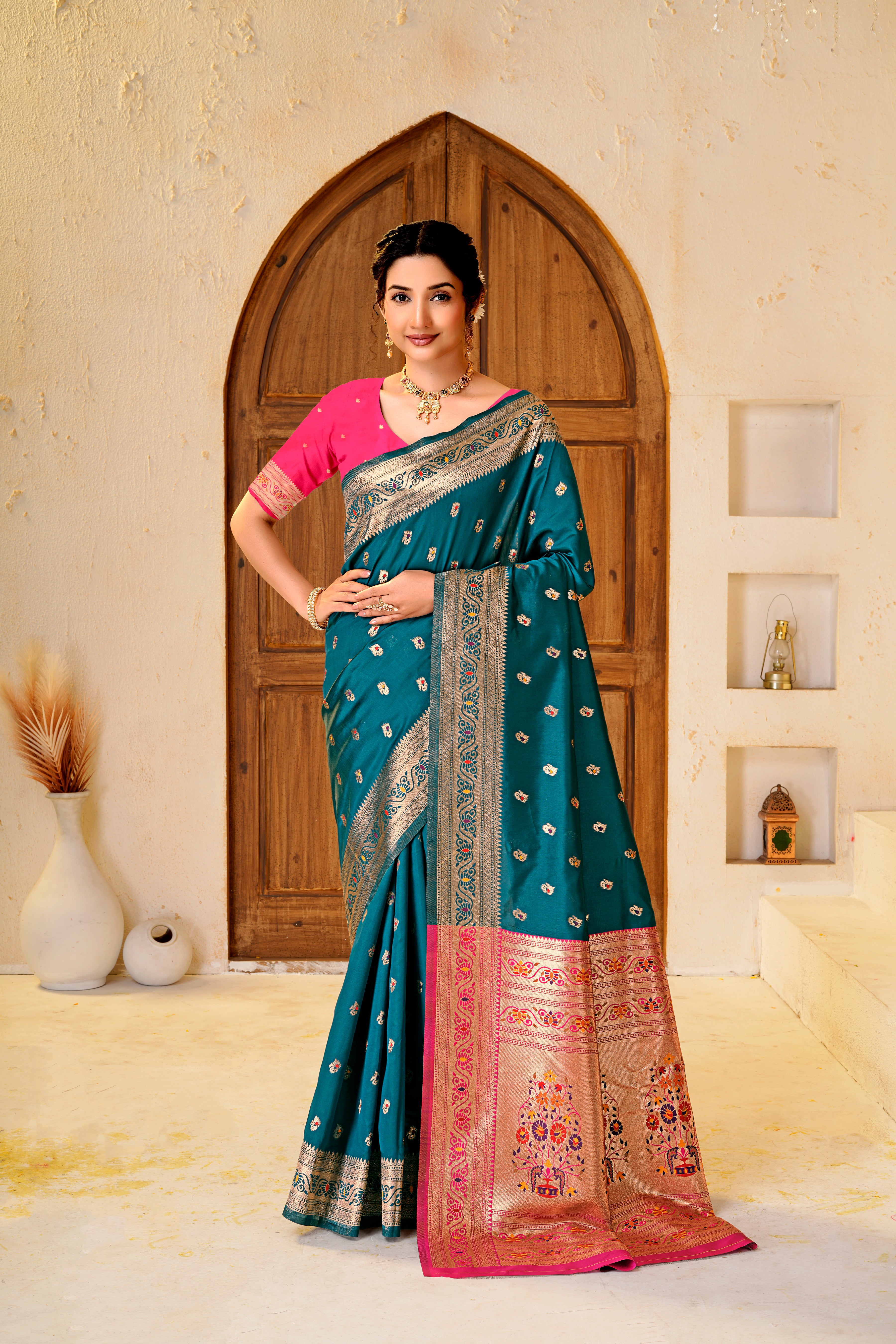 Rama Blue Silk Woven Paithani Saree With Weaving Zari Work