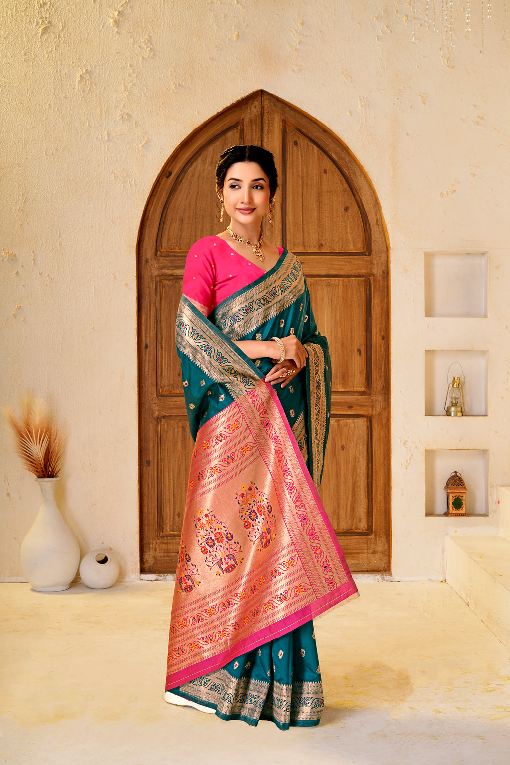 Rama Blue Silk Woven Paithani Saree With Weaving Zari Work