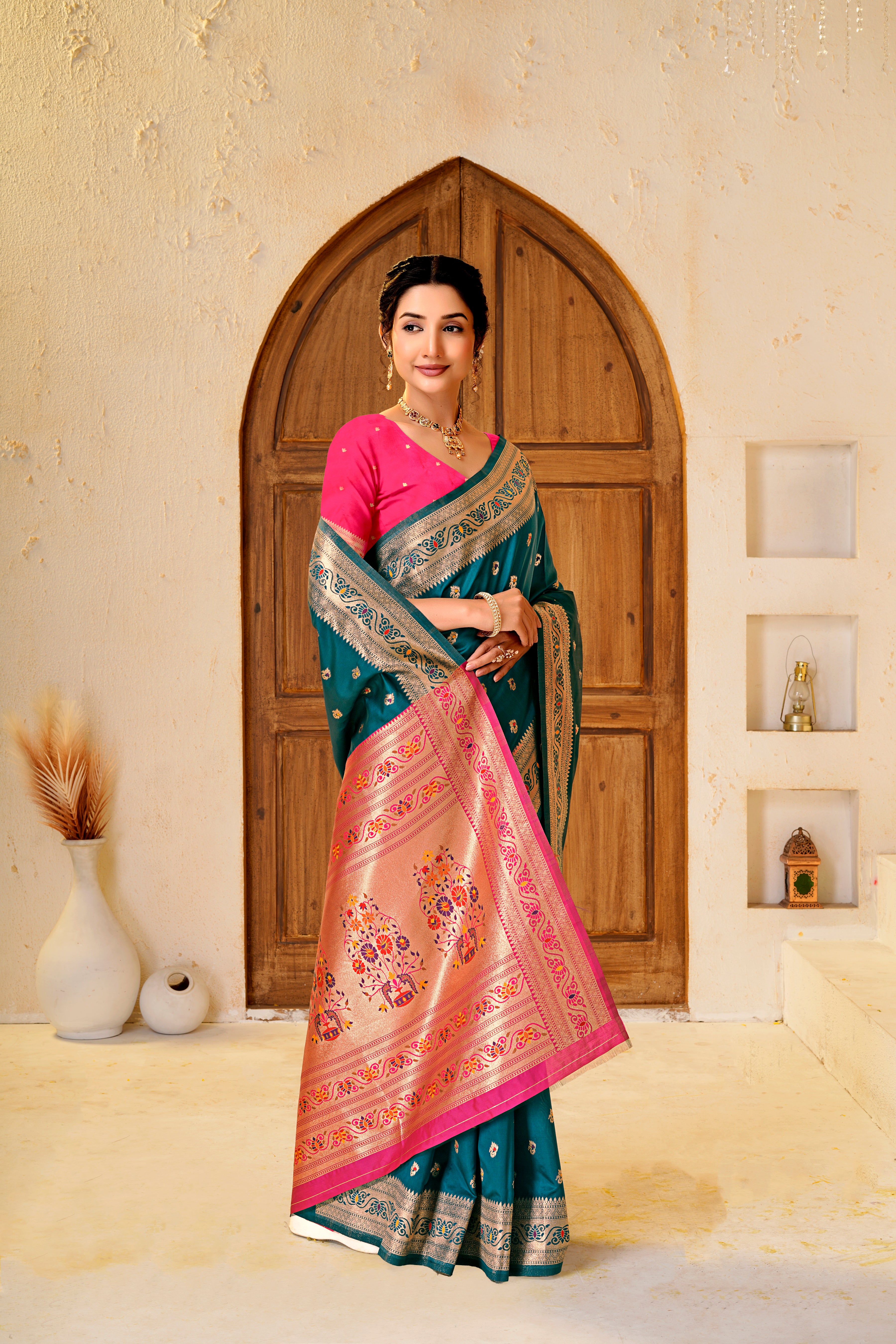Rama Blue Silk Woven Paithani Saree With Weaving Zari Work