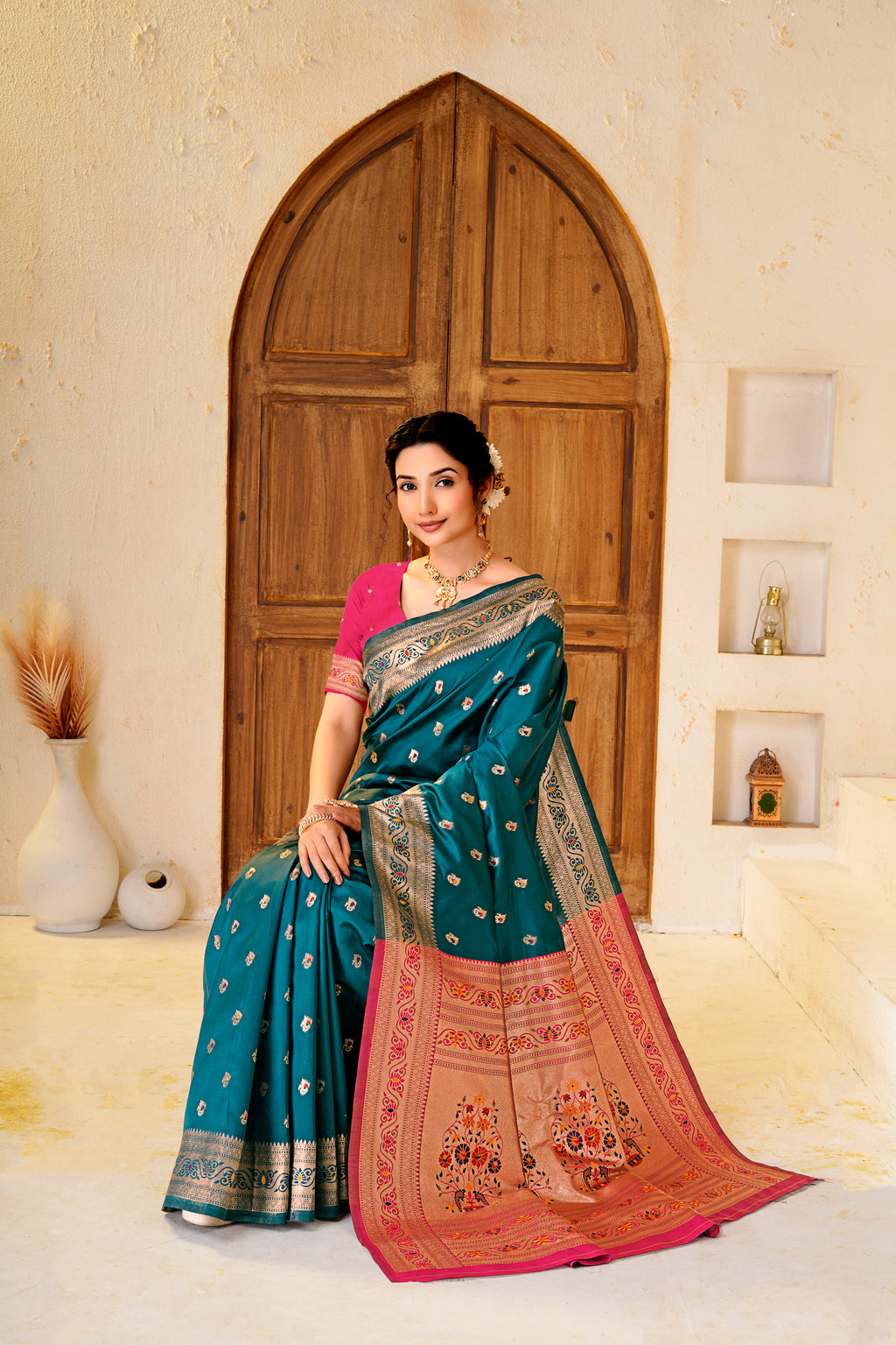 Rama Blue Silk Woven Paithani Saree With Weaving Zari Work