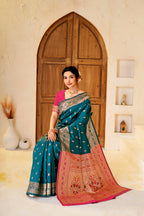 Rama Blue Silk Woven Paithani Saree With Weaving Zari Work