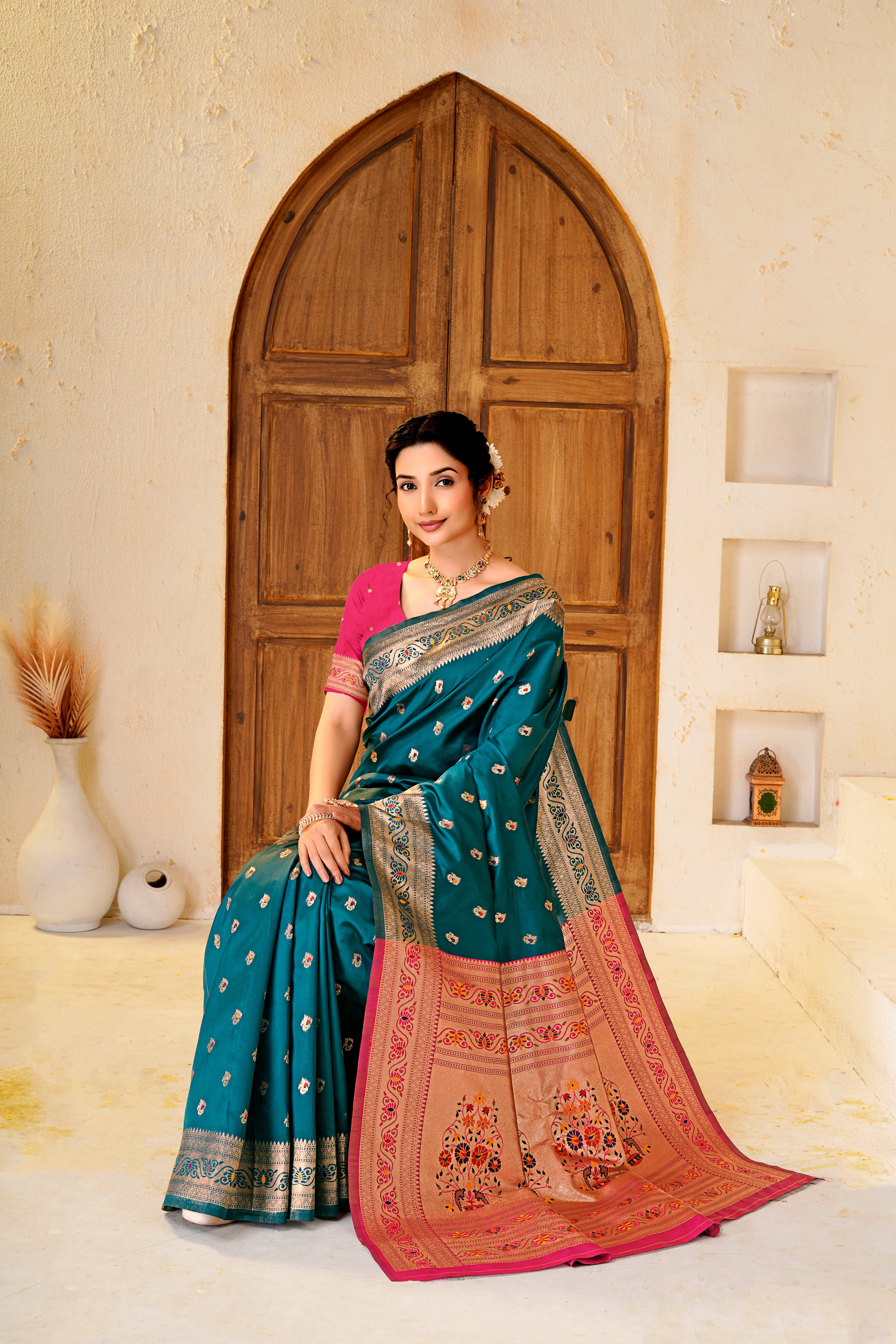Rama Blue Silk Woven Paithani Saree With Weaving Zari Work