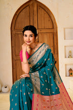 Rama Blue Silk Woven Paithani Saree With Weaving Zari Work