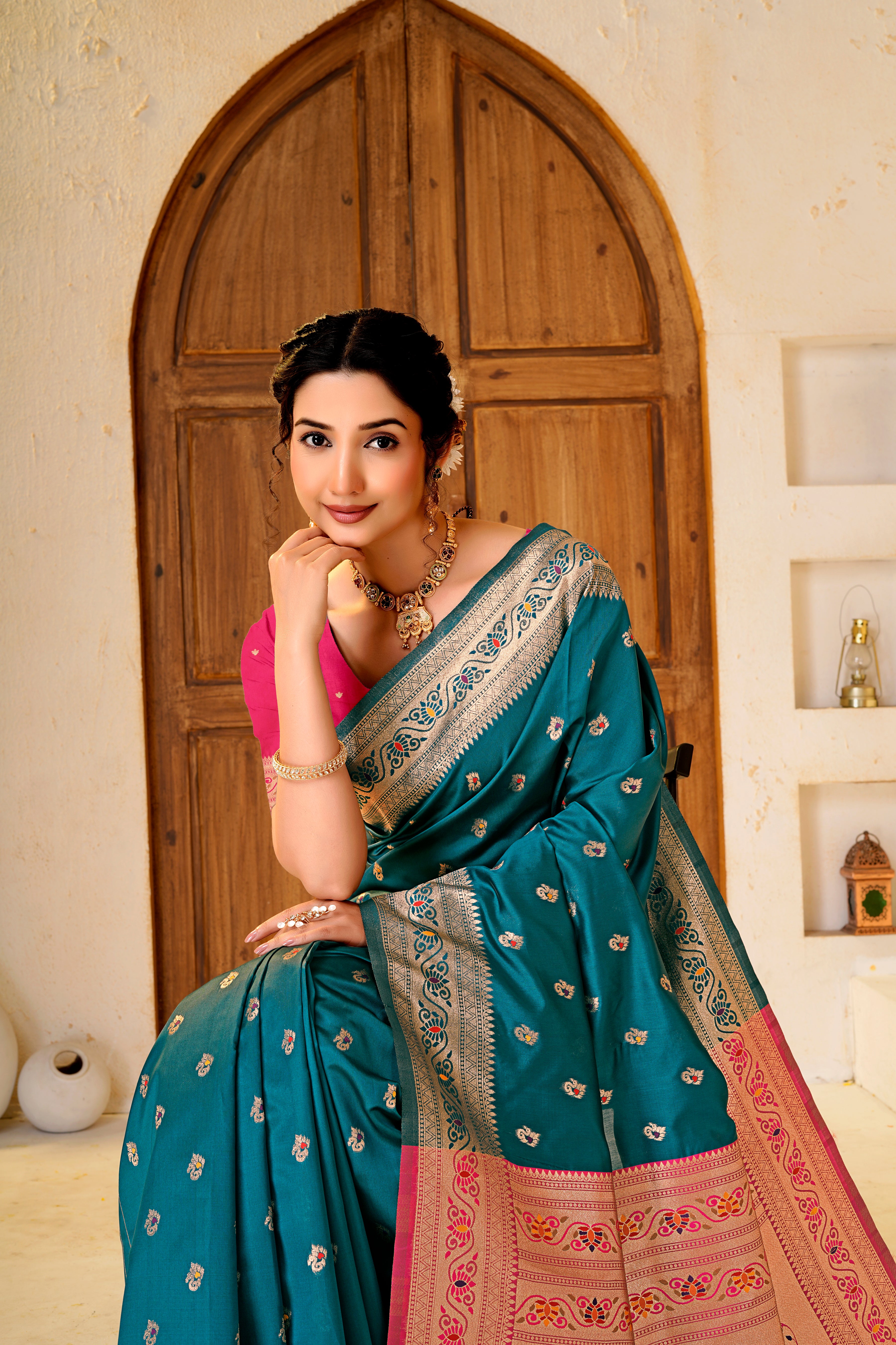 Rama Blue Silk Woven Paithani Saree With Weaving Zari Work