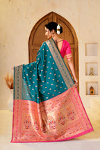 Rama Blue Silk Woven Paithani Saree With Weaving Zari Work
