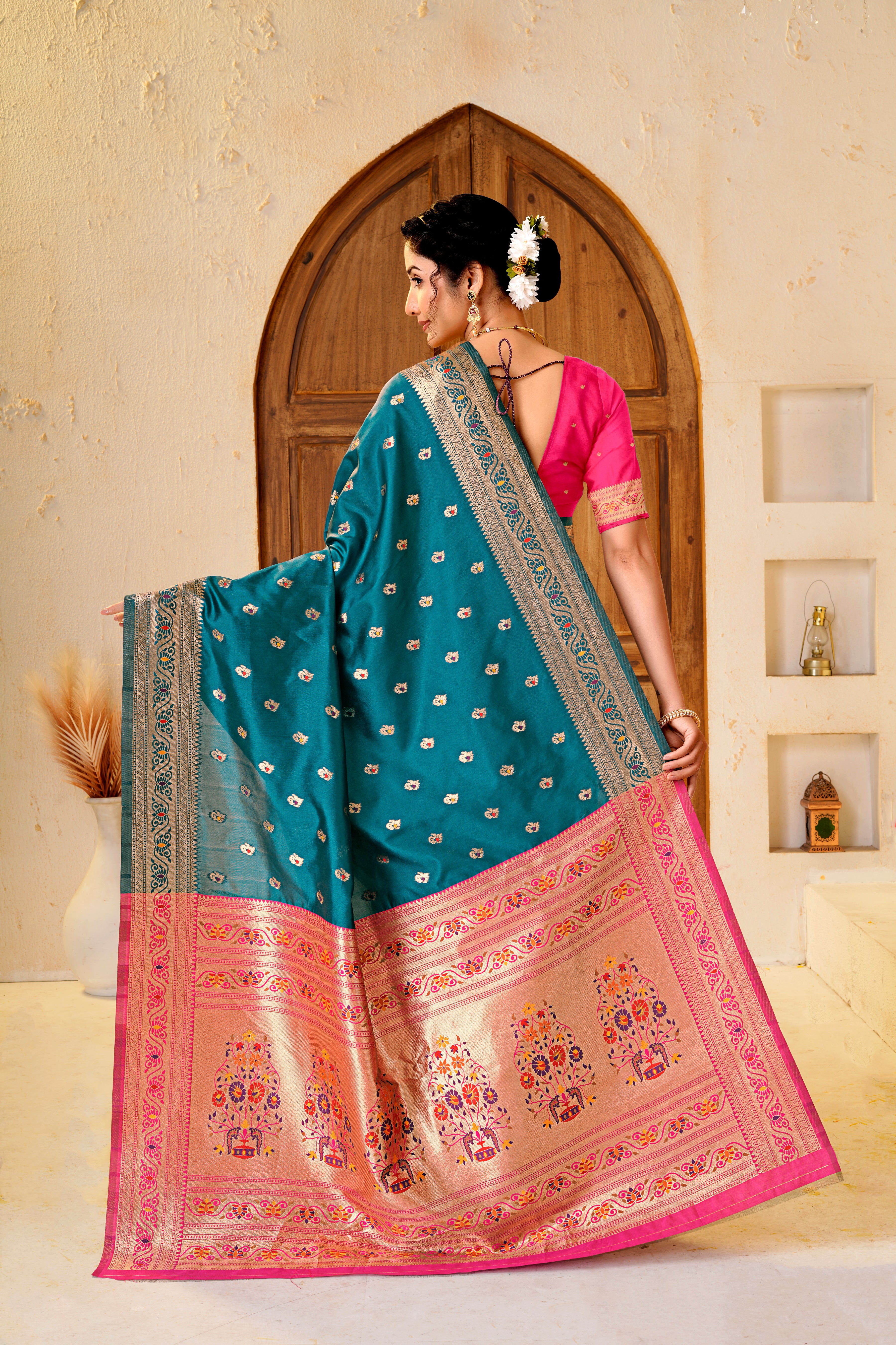 Rama Blue Silk Woven Paithani Saree With Weaving Zari Work