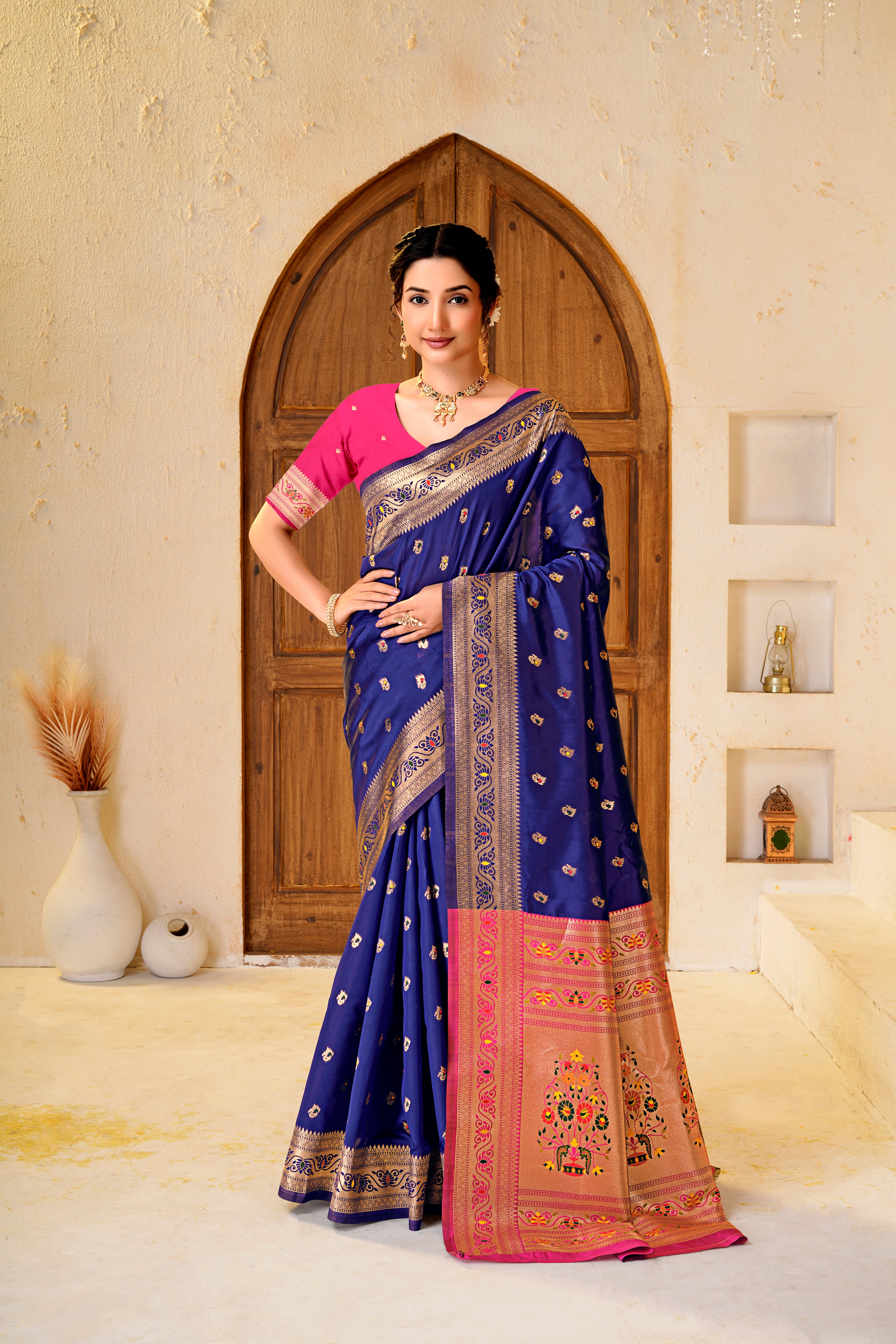 Navy Blue Silk Woven Paithani Saree With Weaving Zari Work