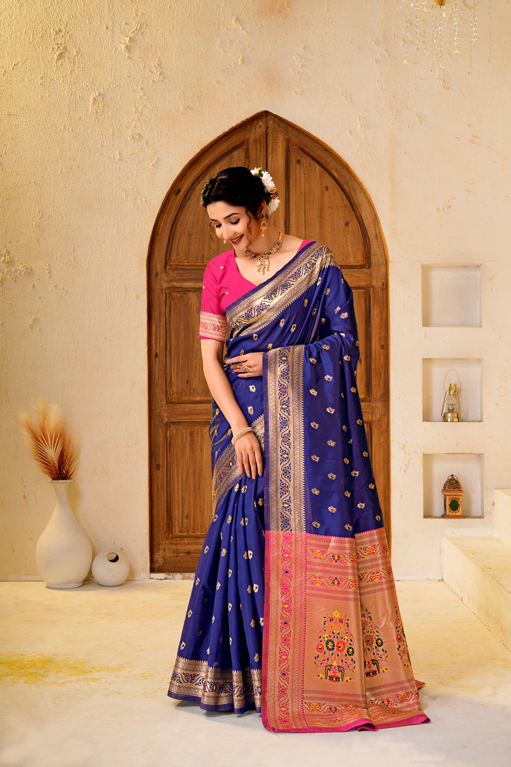Navy Blue Silk Woven Paithani Saree With Weaving Zari Work