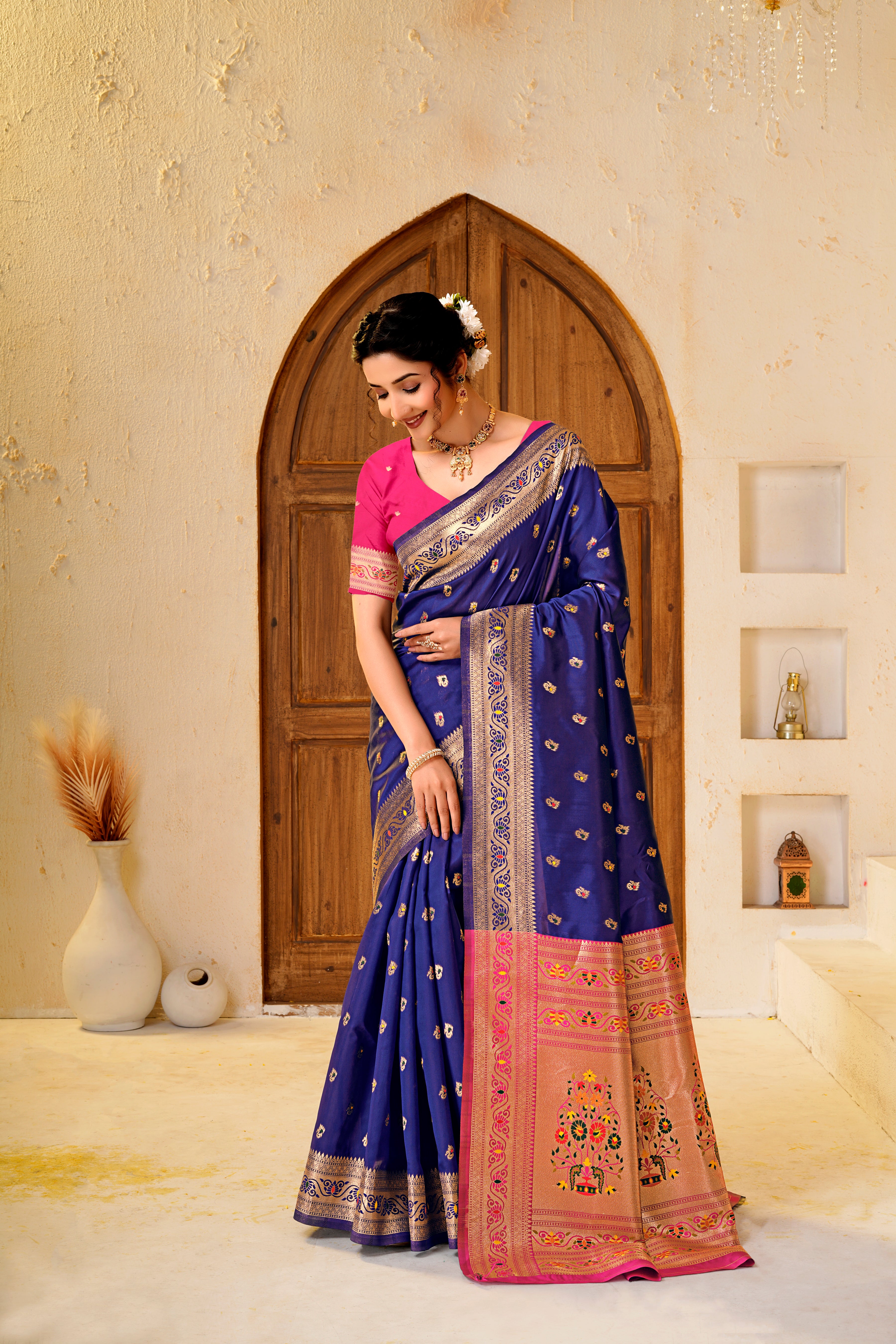 Navy Blue Silk Woven Paithani Saree With Weaving Zari Work