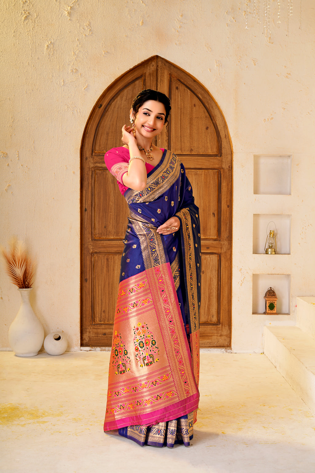 Navy Blue Silk Woven Paithani Saree With Weaving Zari Work