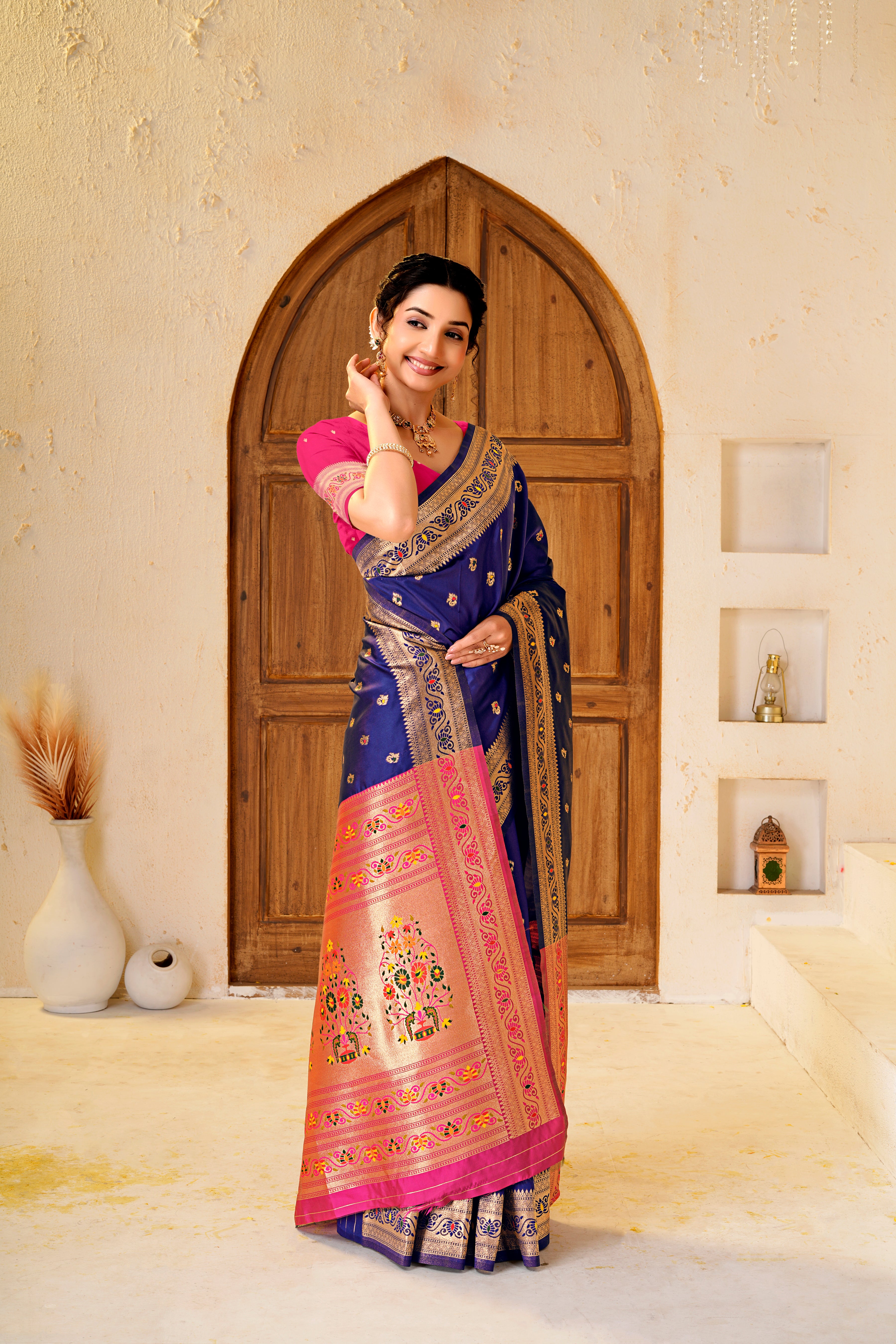 Navy Blue Silk Woven Paithani Saree With Weaving Zari Work
