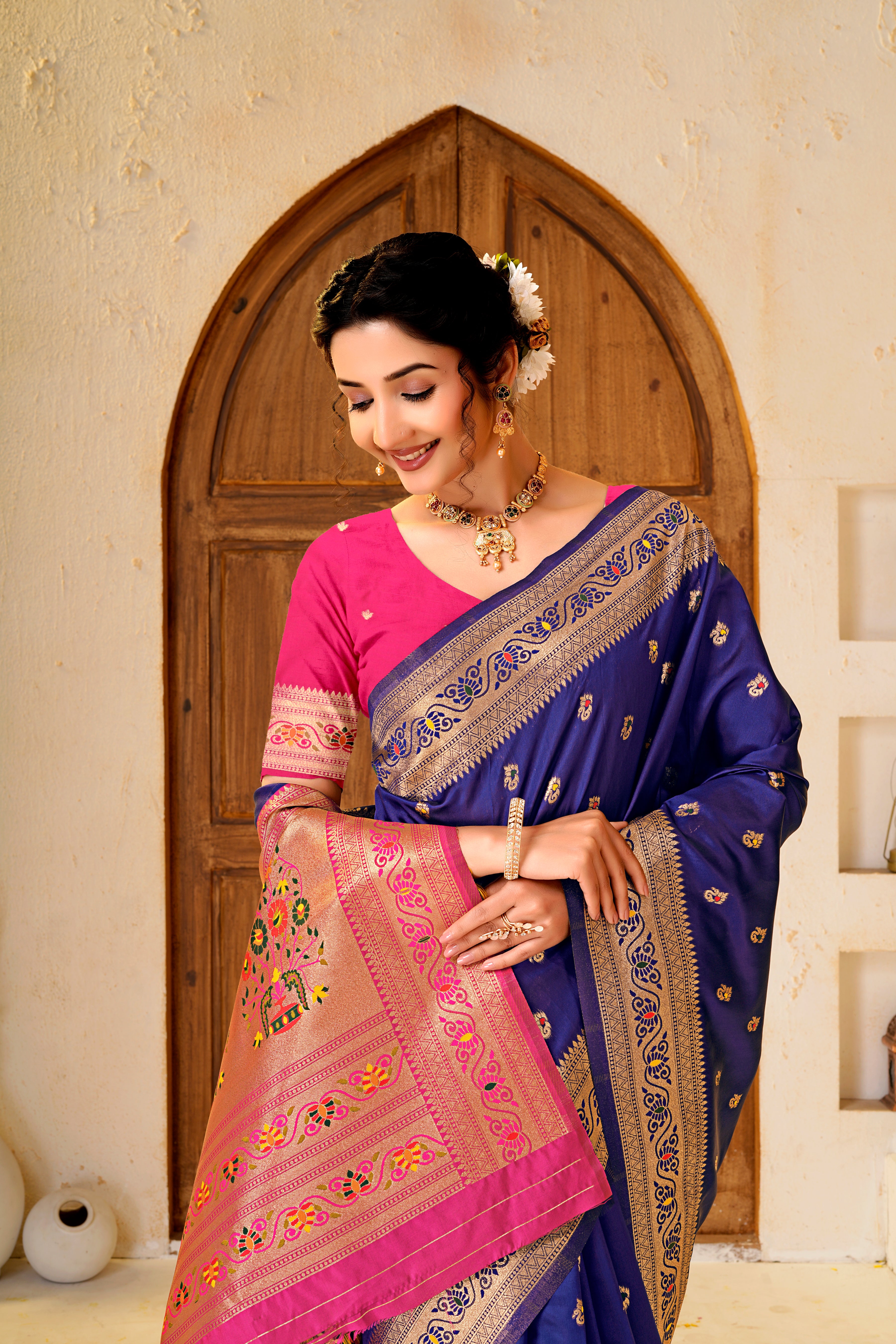 Navy Blue Silk Woven Paithani Saree With Weaving Zari Work