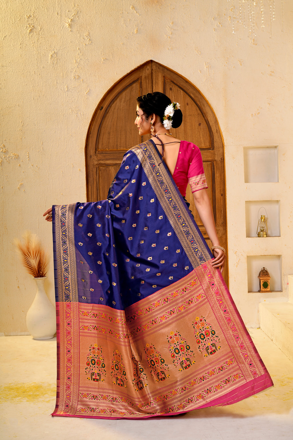 Navy Blue Silk Woven Paithani Saree With Weaving Zari Work
