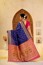 Navy Blue Silk Woven Paithani Saree With Weaving Zari Work