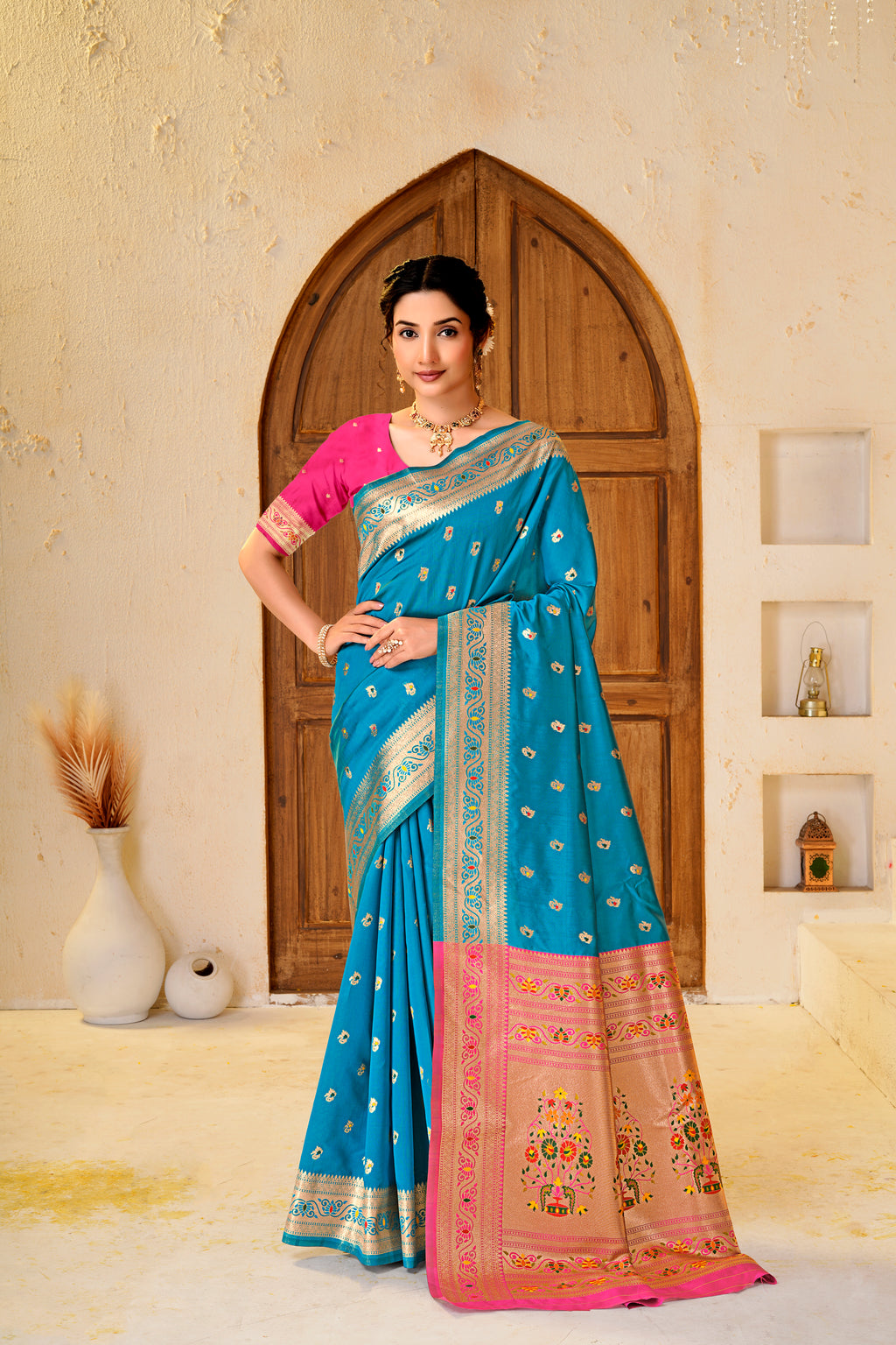 Teal Blue Silk Woven Paithani Saree With Weaving Zari Work