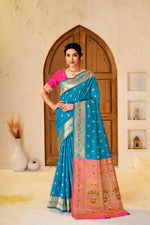 Teal Blue Silk Woven Paithani Saree With Weaving Zari Work