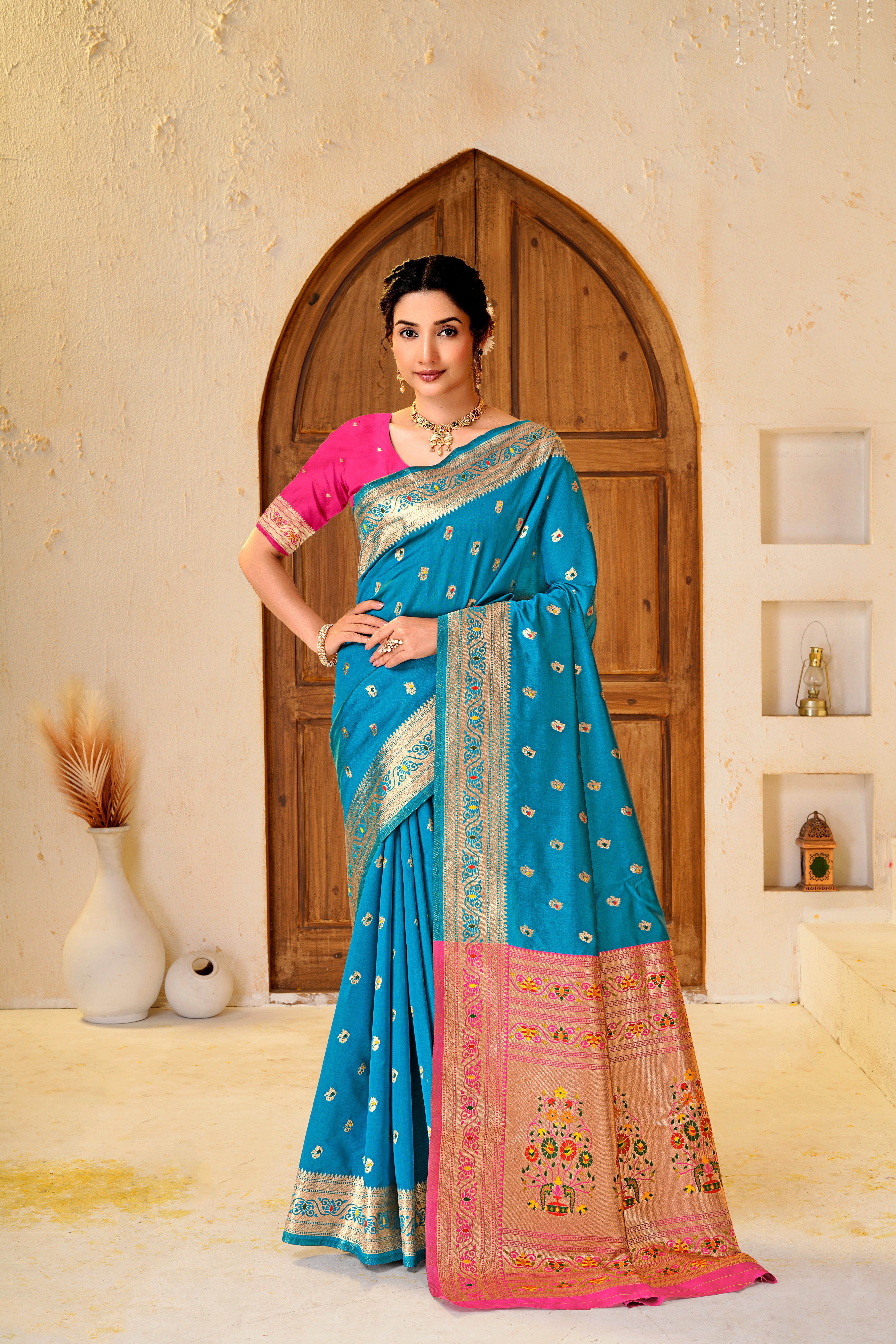 Teal Blue Silk Woven Paithani Saree With Weaving Zari Work