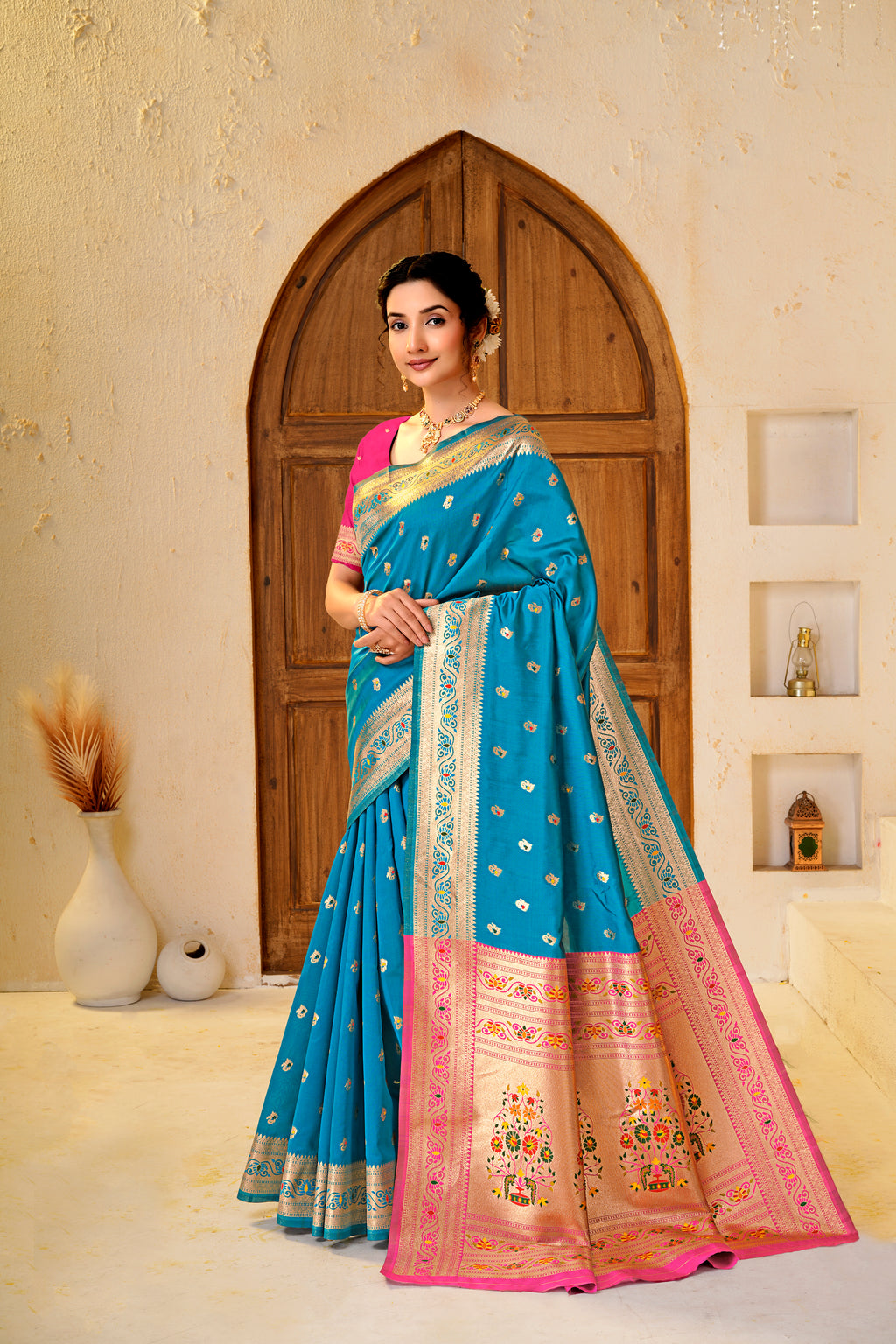 Teal Blue Silk Woven Paithani Saree With Weaving Zari Work