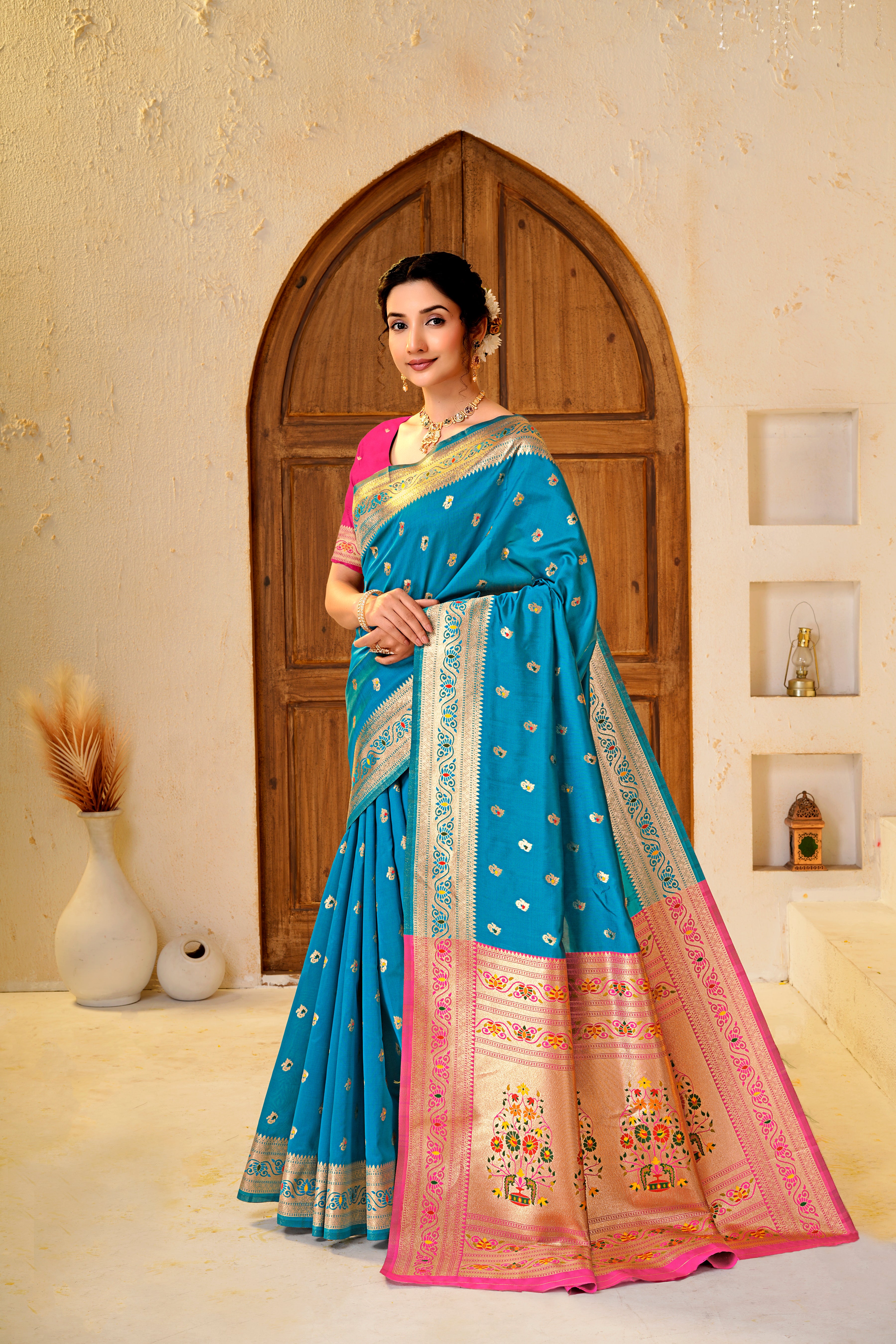 Teal Blue Silk Woven Paithani Saree With Weaving Zari Work