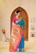 Teal Blue Silk Woven Paithani Saree With Weaving Zari Work
