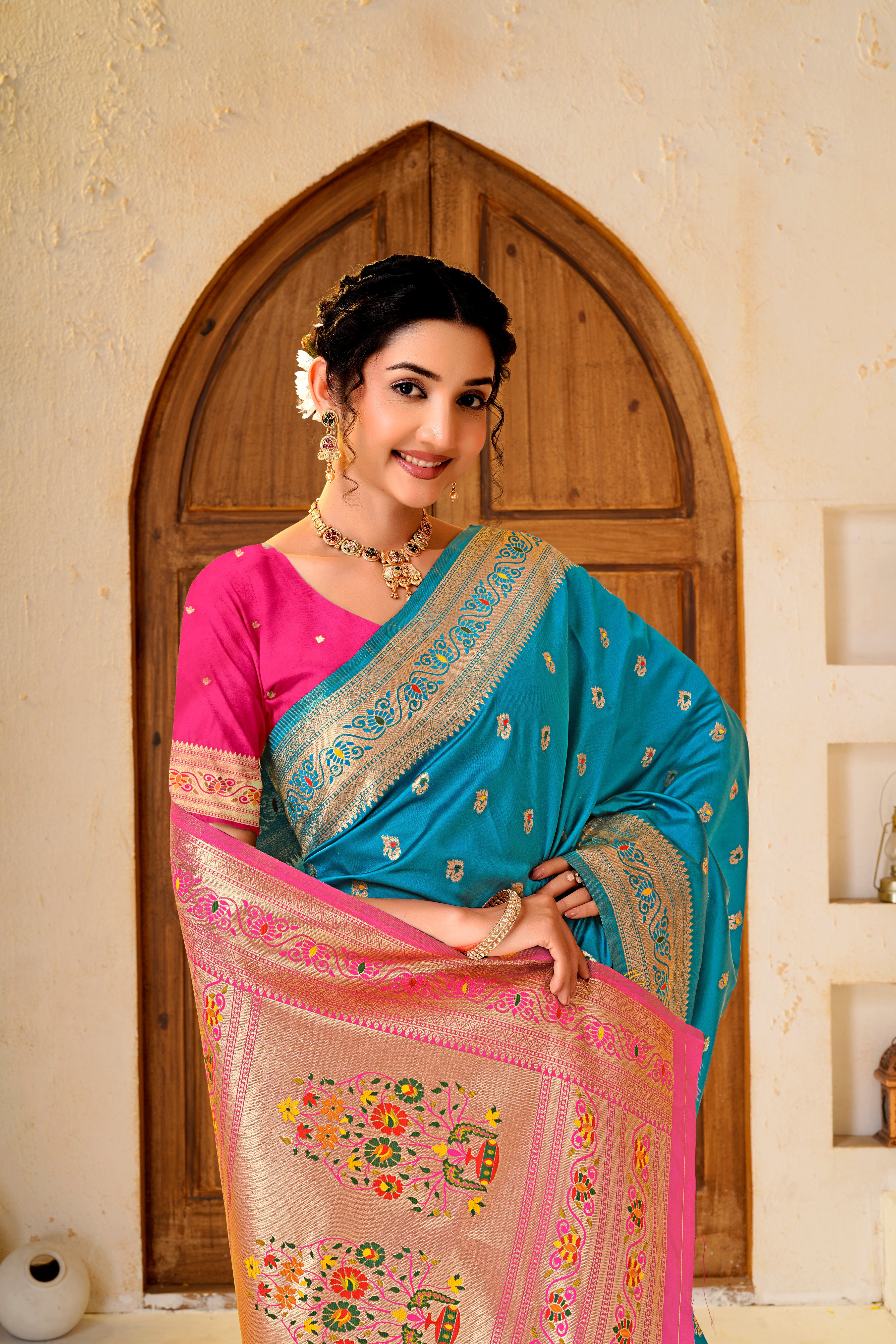 Teal Blue Silk Woven Paithani Saree With Weaving Zari Work