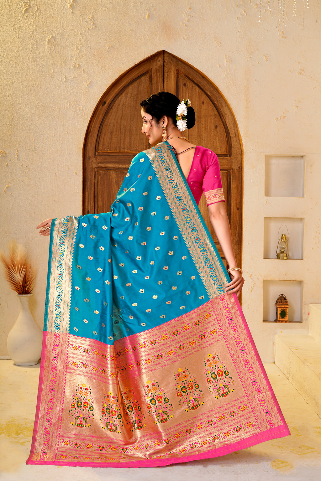 Teal Blue Silk Woven Paithani Saree With Weaving Zari Work