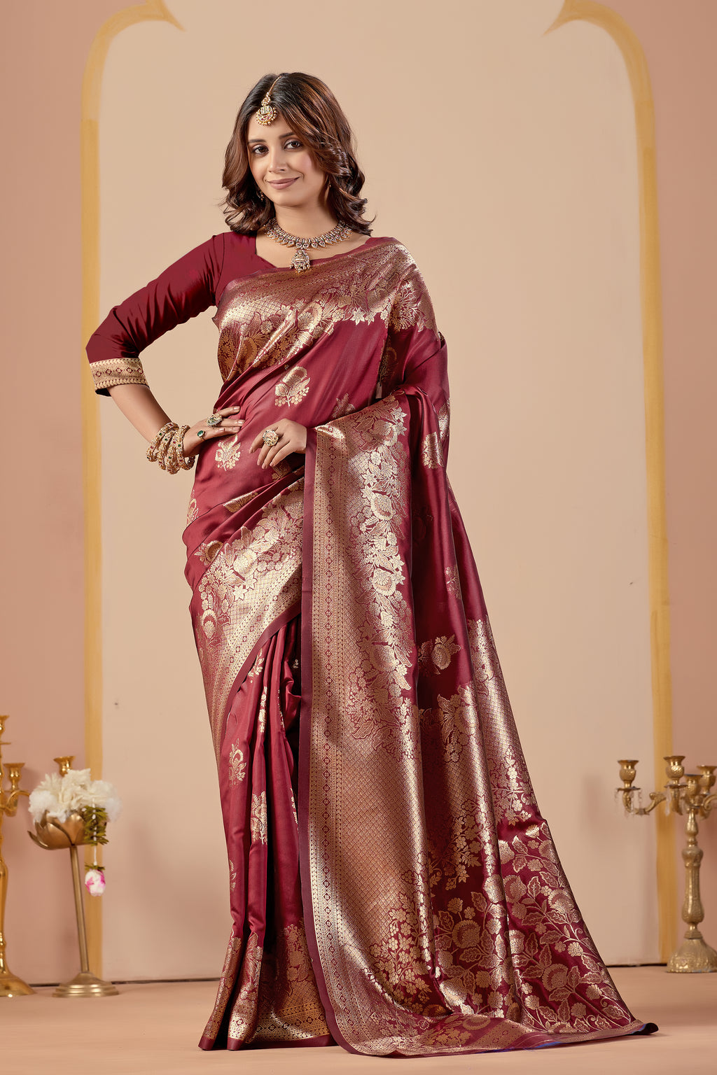 Maroon Silk Woven Banarasi Saree With Zari Work