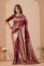 Maroon Silk Woven Banarasi Saree With Zari Work