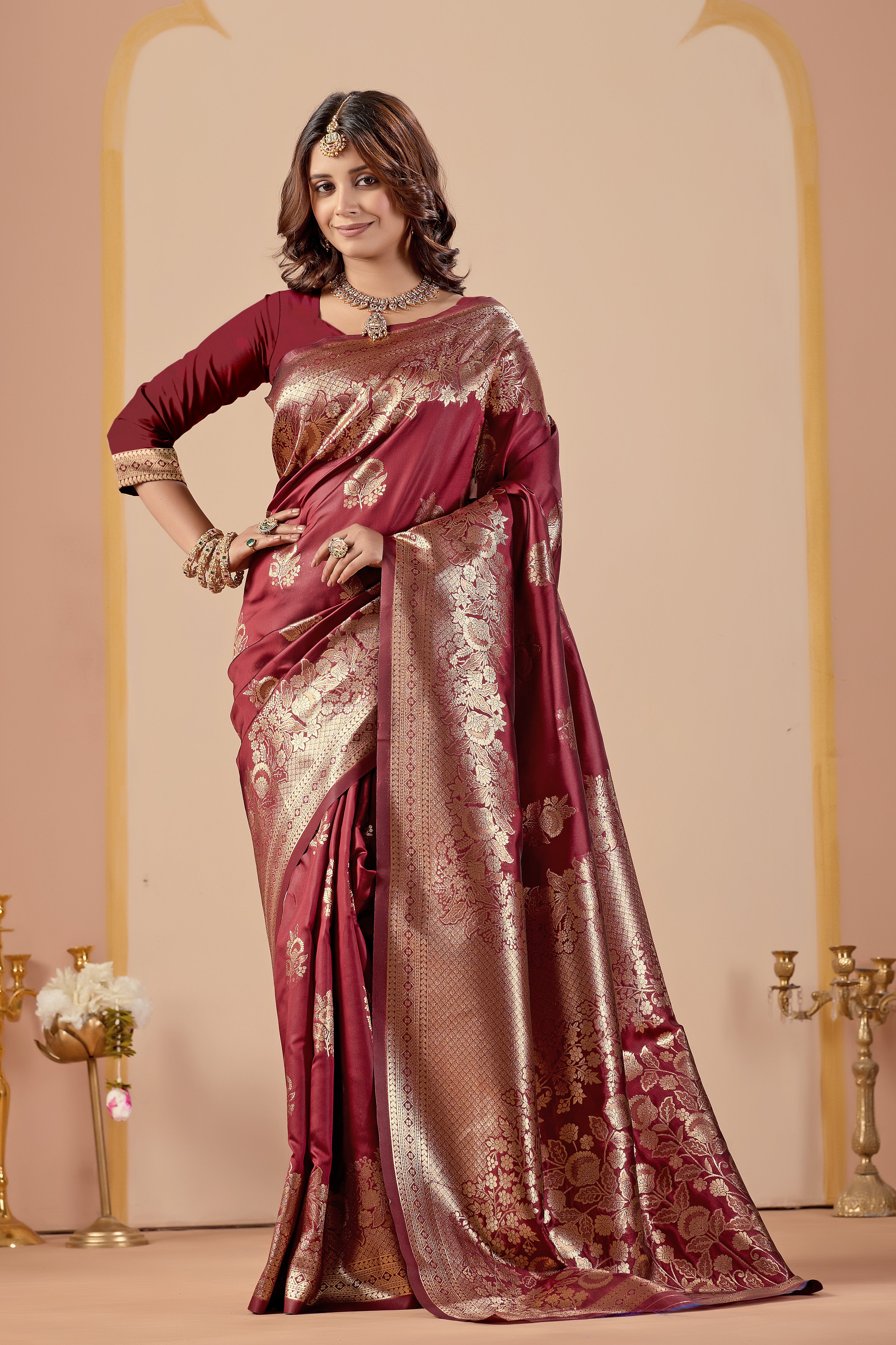 Maroon Silk Woven Banarasi Saree With Zari Work