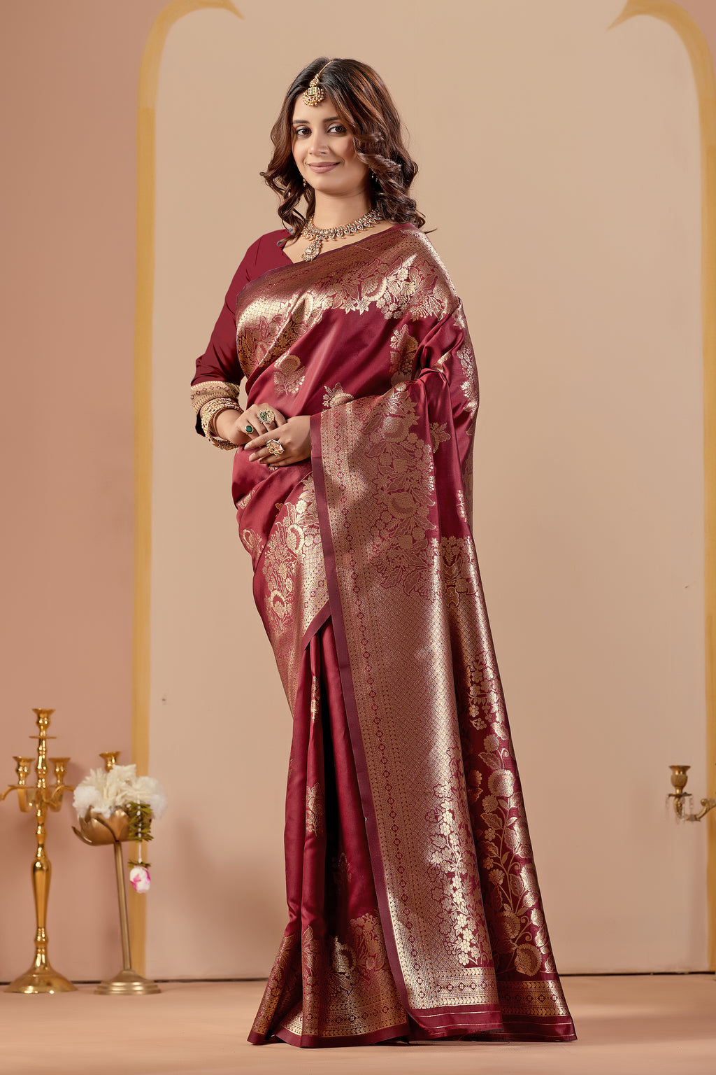 Maroon Silk Woven Banarasi Saree With Zari Work