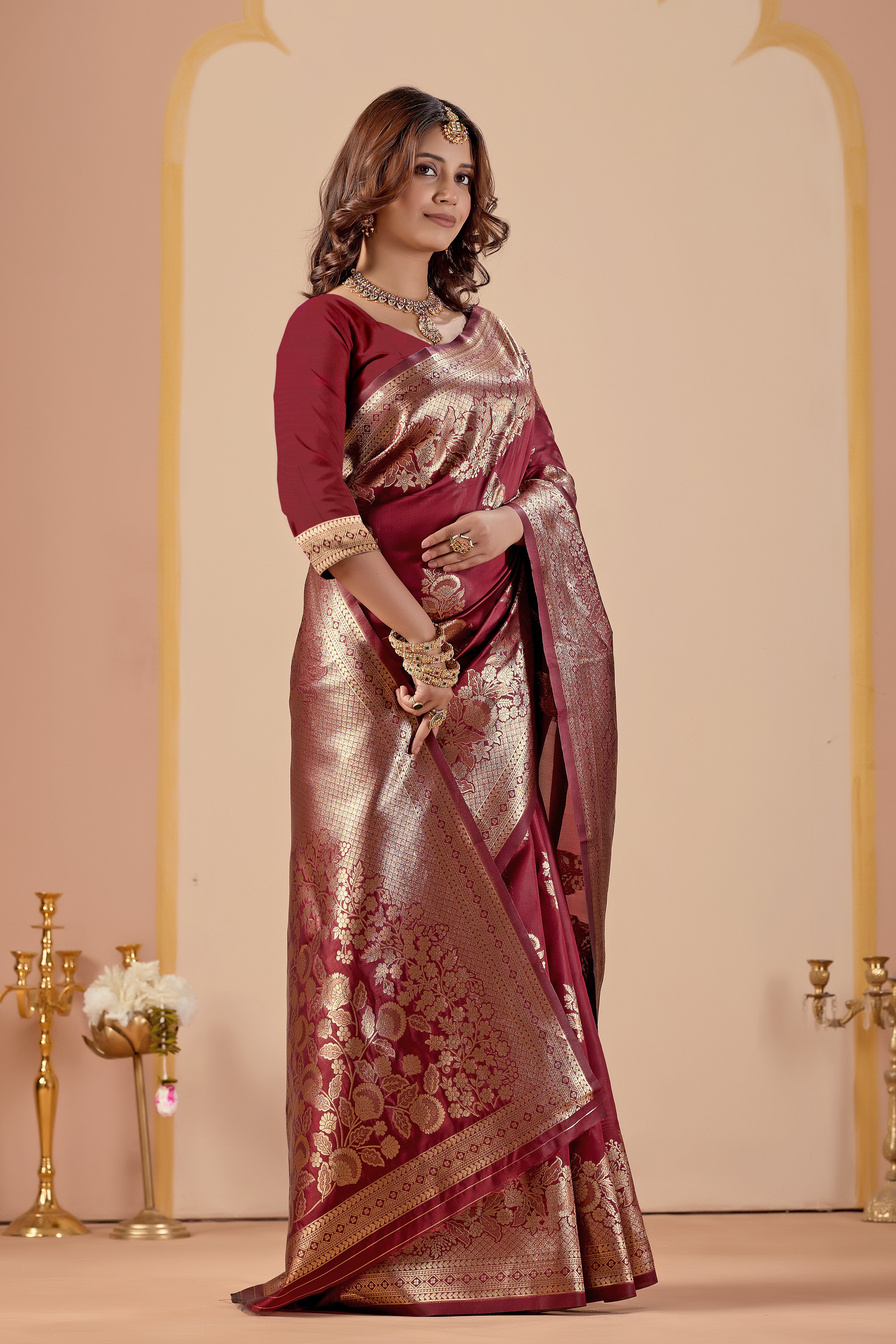 Maroon Silk Woven Banarasi Saree With Zari Work