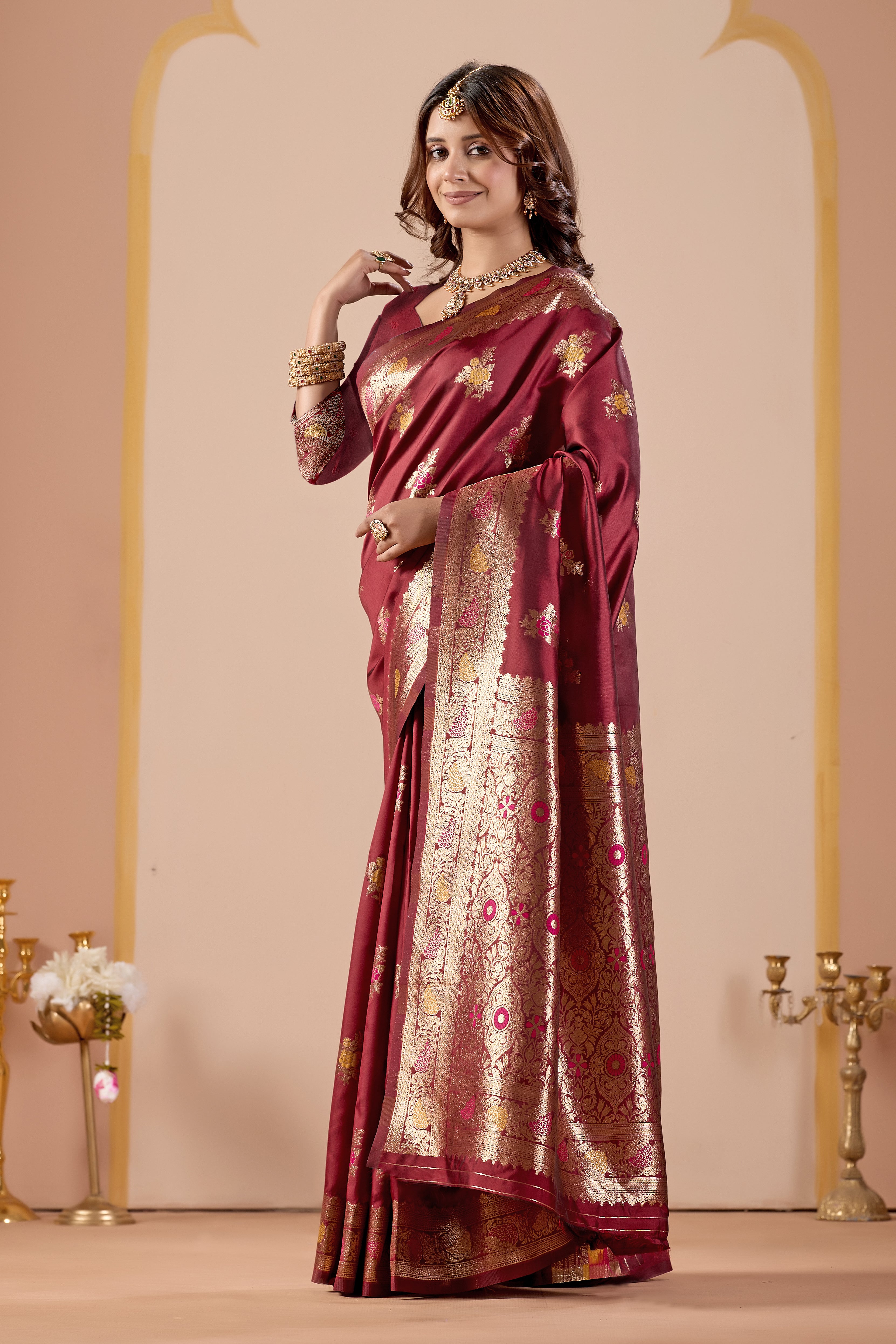 Maroon Silk Woven Banarasi Saree With Zari Work