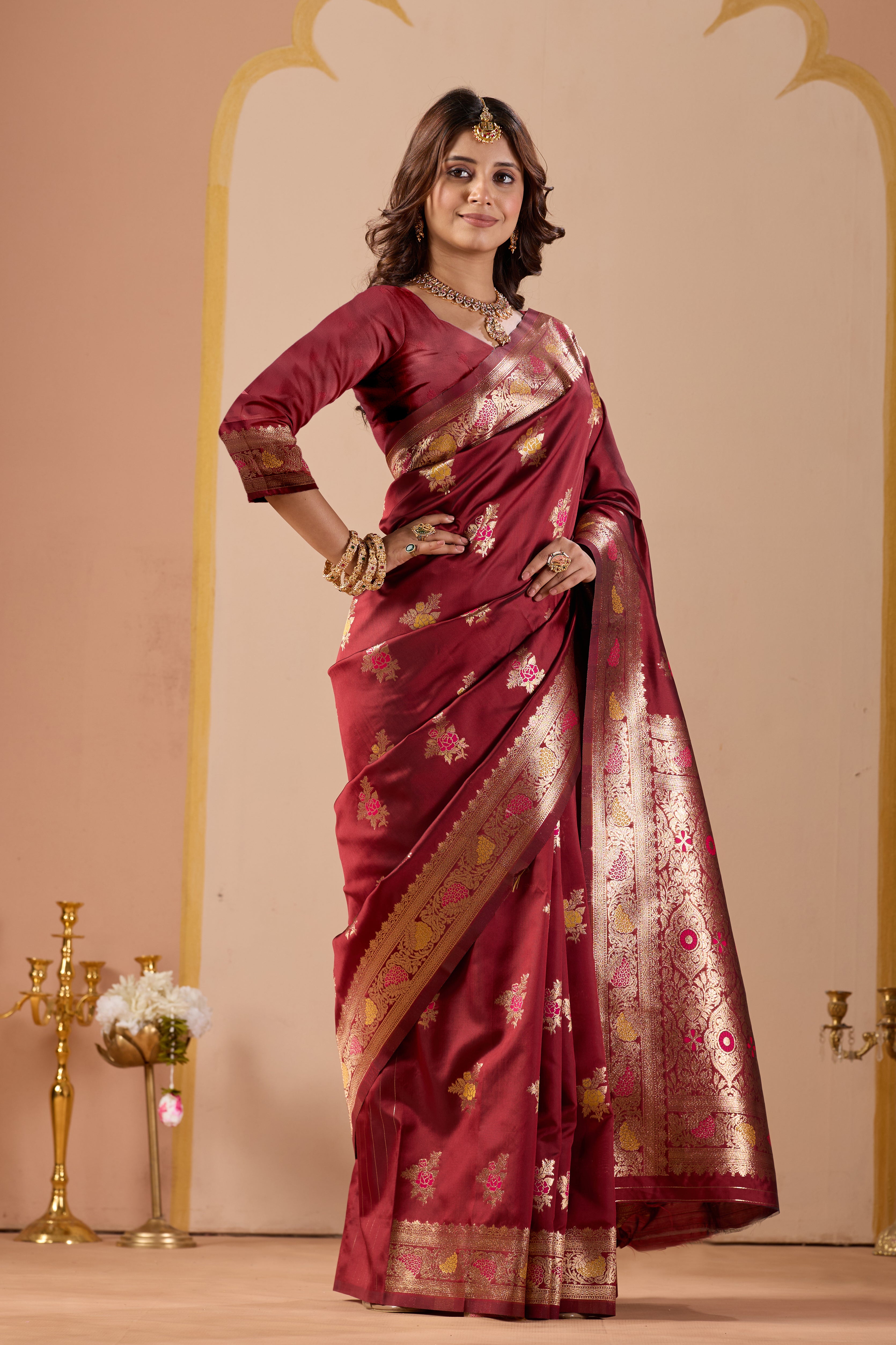 Maroon Silk Woven Banarasi Saree With Zari Work