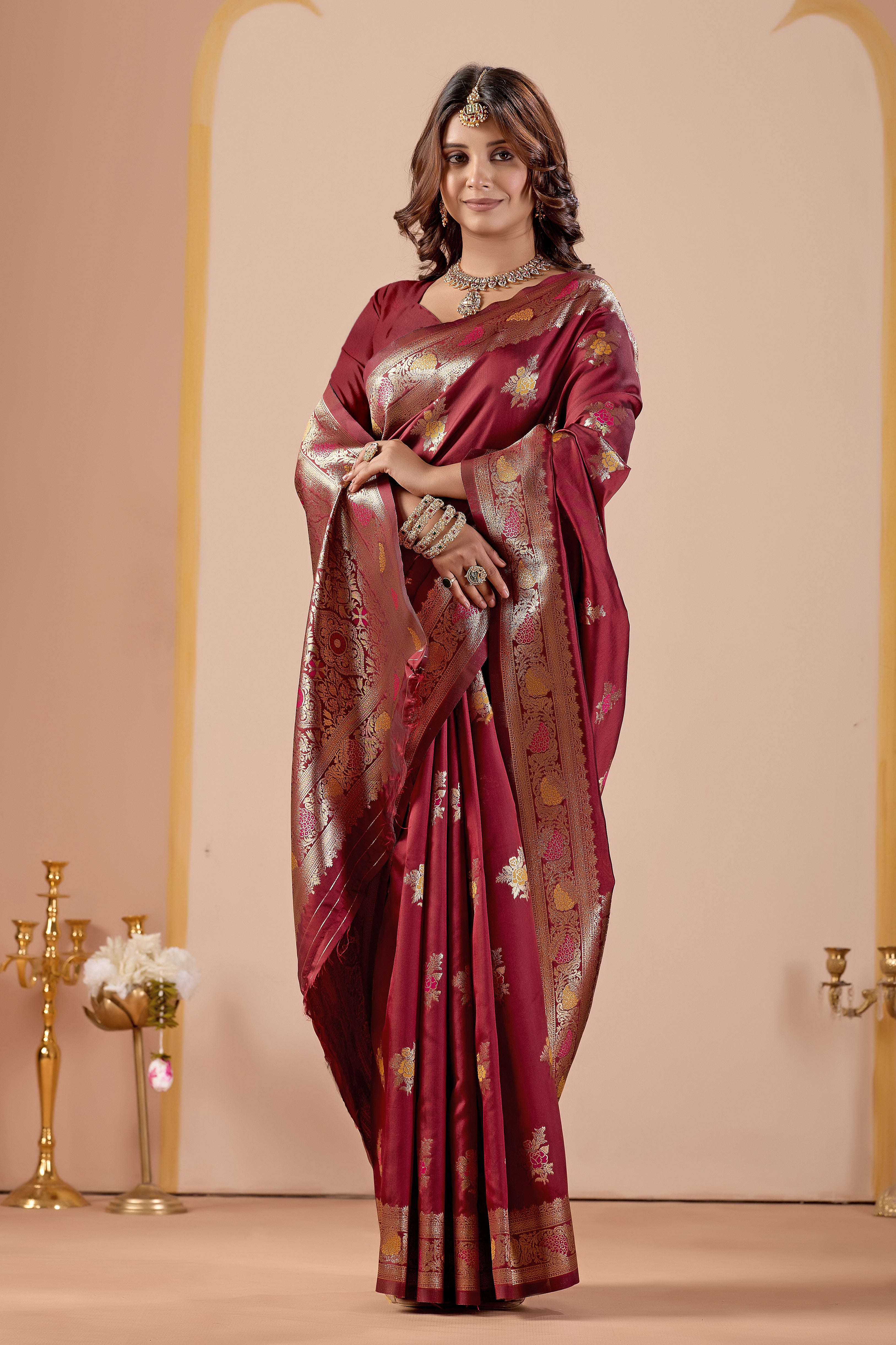 Maroon Silk Woven Banarasi Saree With Zari Work