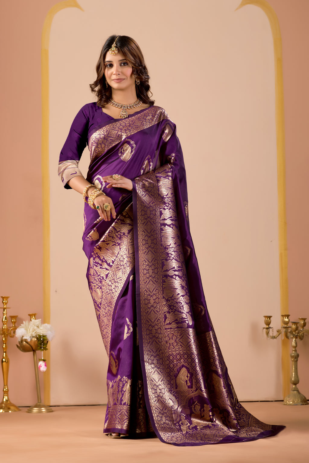 Dark Purple Silk Woven Kanjivarm Saree With Zari Work