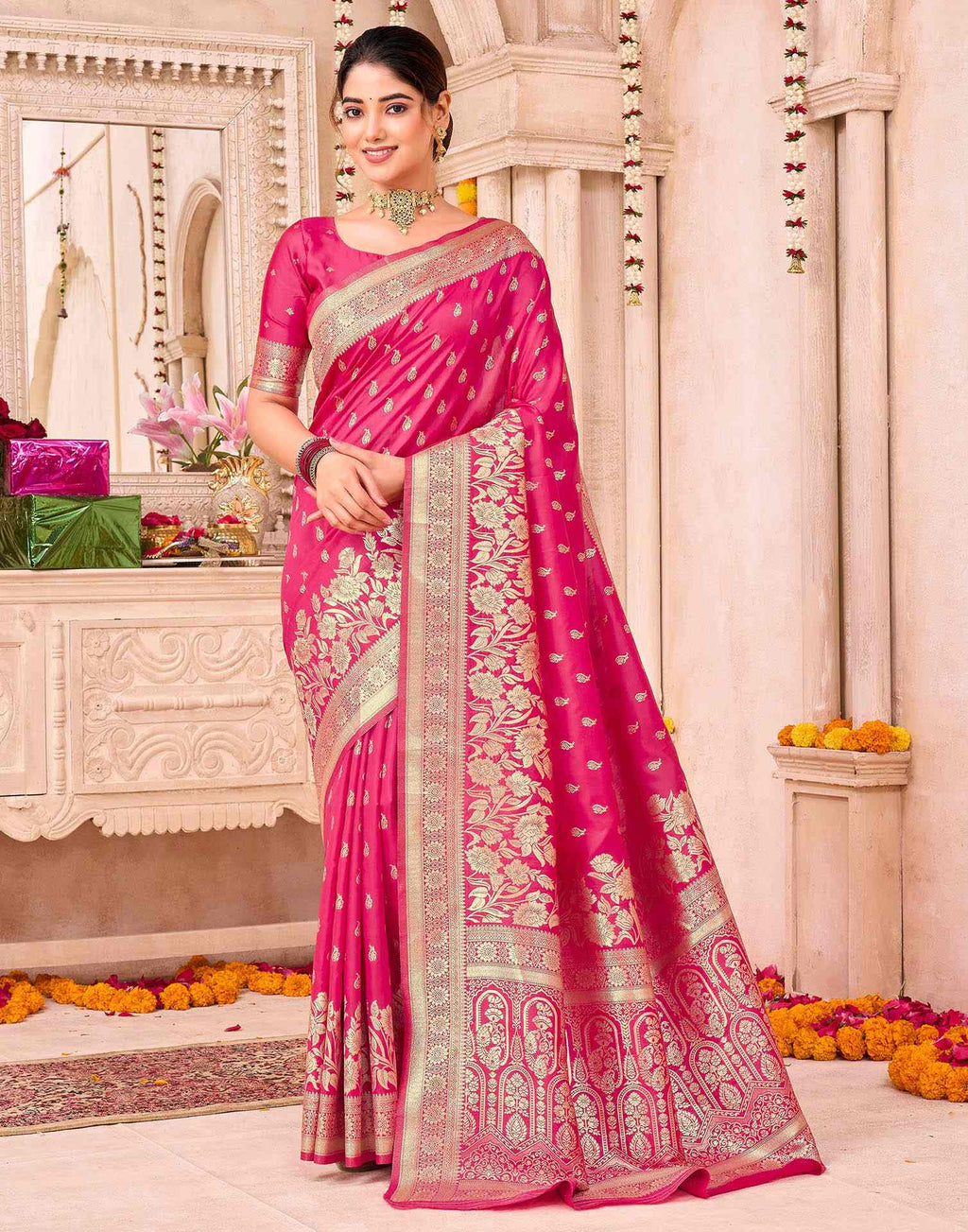 Rani Pink Silk Woven Banarasi Saree