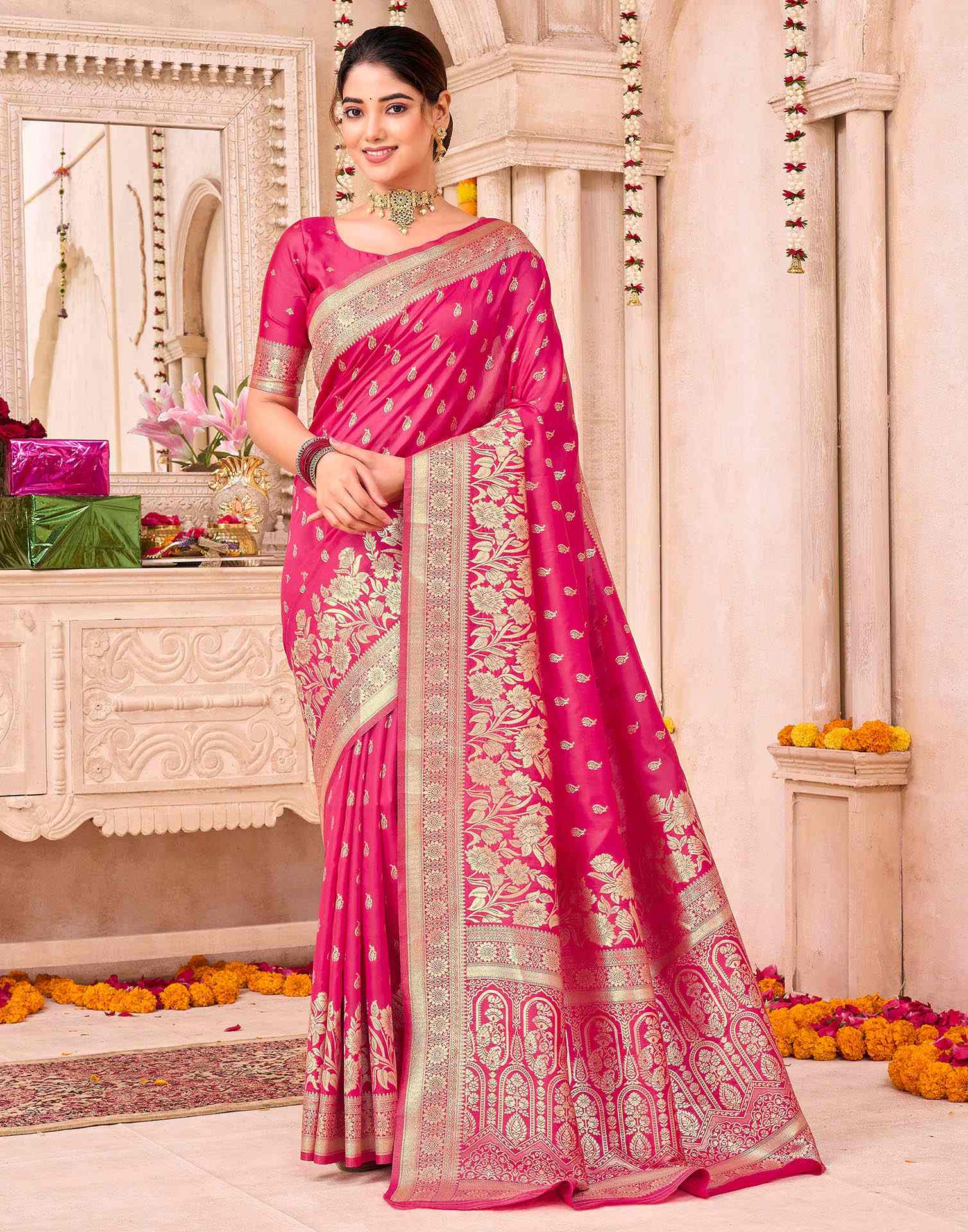 Rani Pink Silk Woven Banarasi Saree