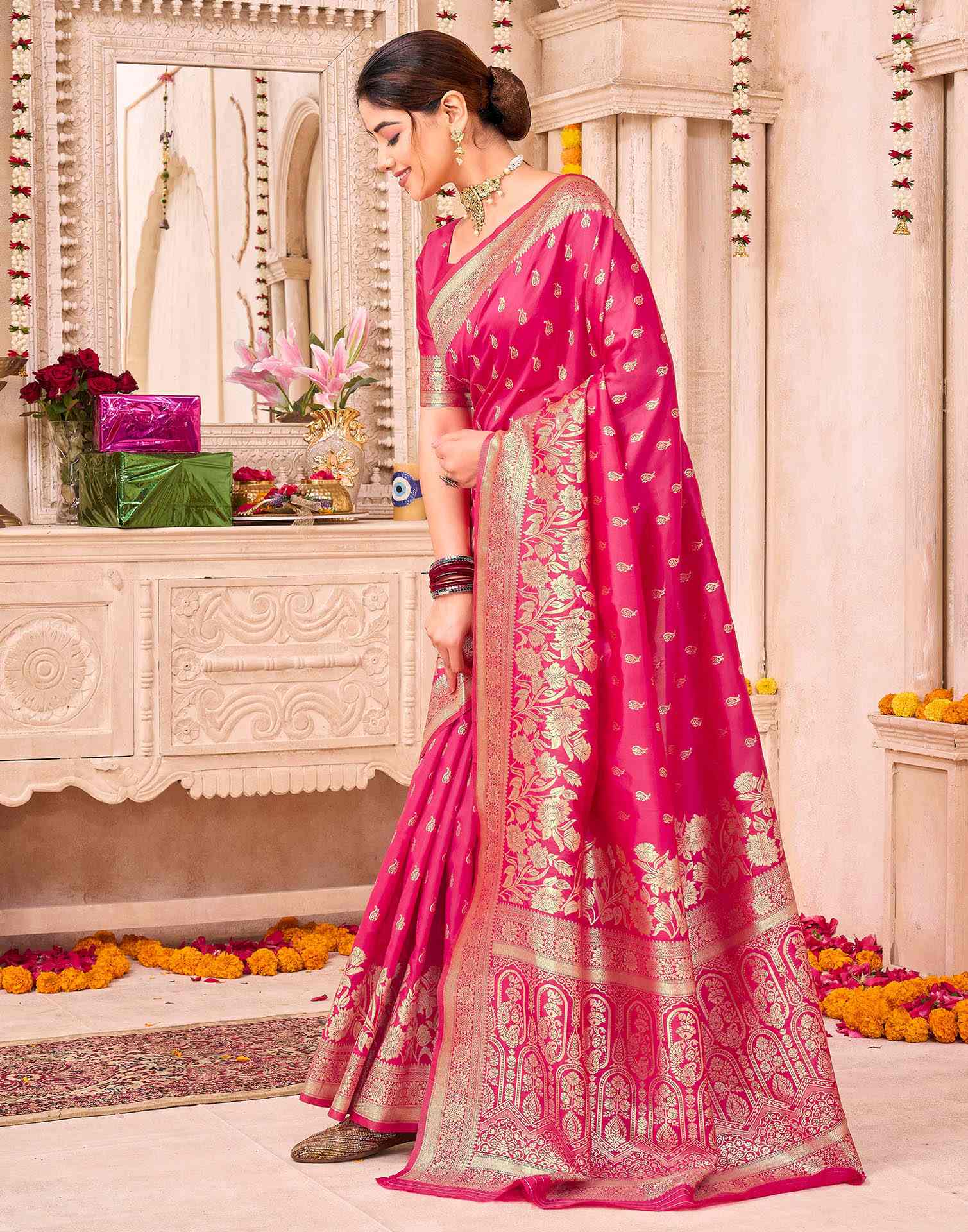 Rani Pink Silk Woven Banarasi Saree