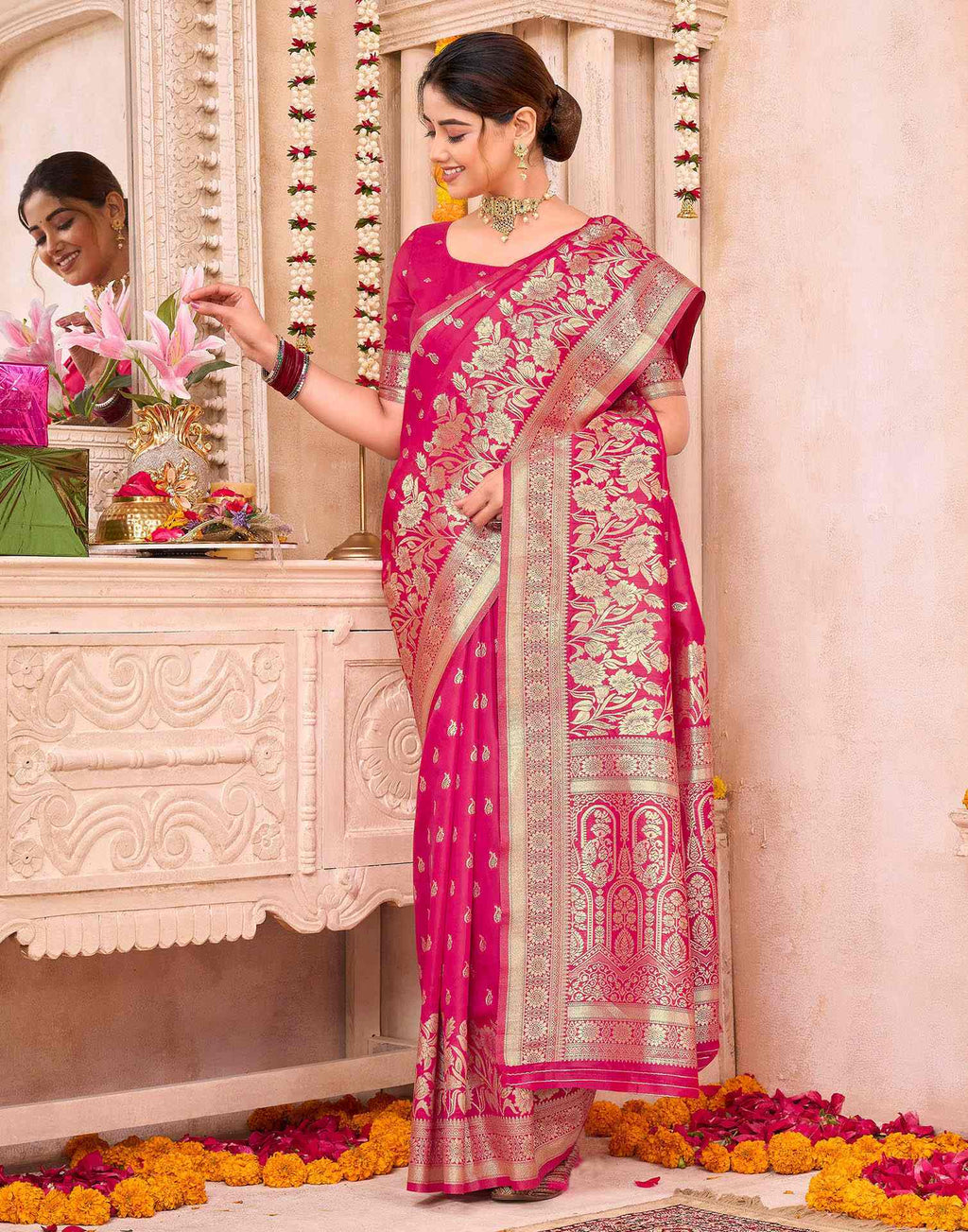 Rani Pink Silk Woven Banarasi Saree