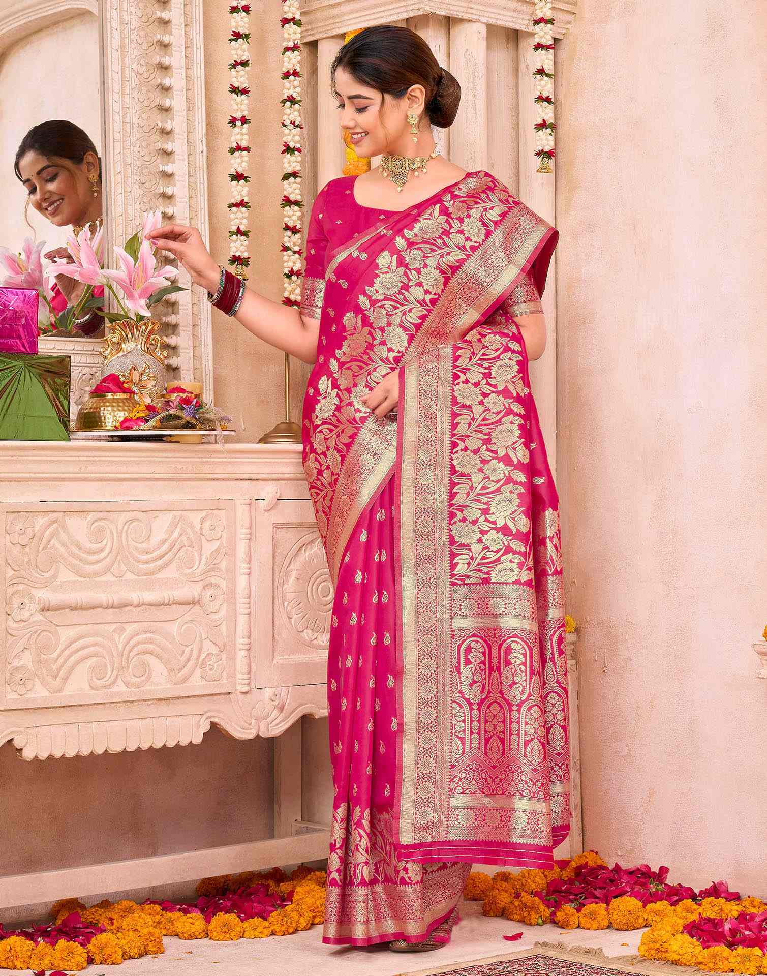 Rani Pink Silk Woven Banarasi Saree