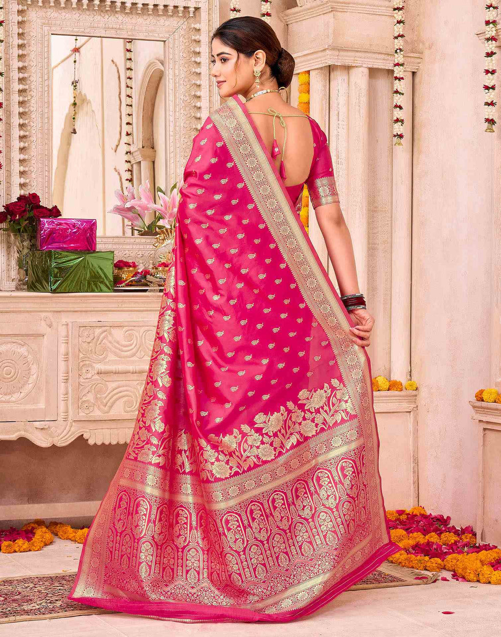 Rani Pink Silk Woven Banarasi Saree