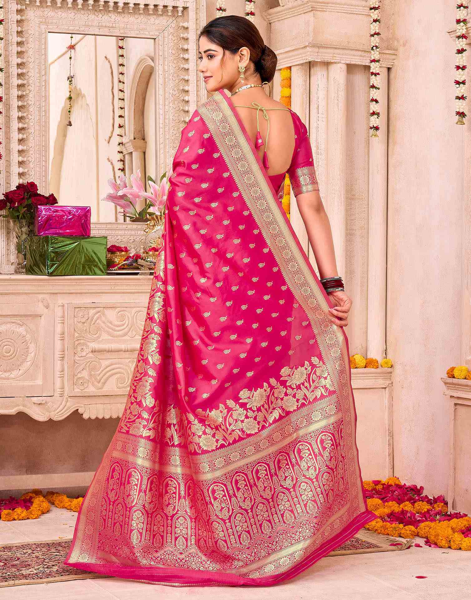 Rani Pink Silk Woven Banarasi Saree